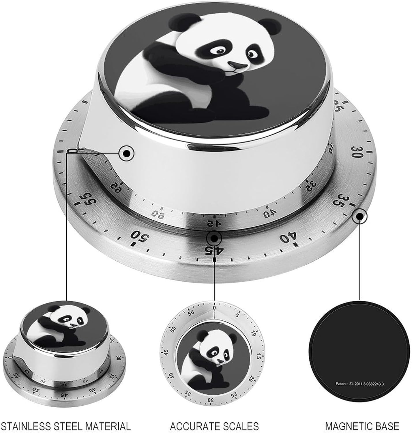 Panda Animal Stainless Steel Timer, Kitchen Timer with Magnetic Base, Countdown Timers for Gym, Office, Cooking, Baking, Jogging