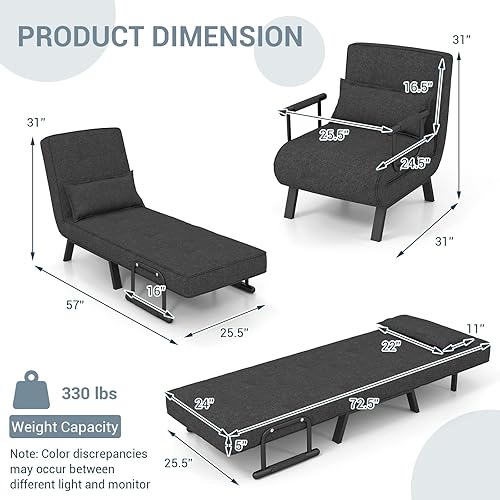 Miniatura 3 de KOMFOTT Sofá cama convertible 4 en 1 plegable con respaldo ajustable de 6 posiciones, tumbona tapizada con almohada extraíble, sofá reclinable de