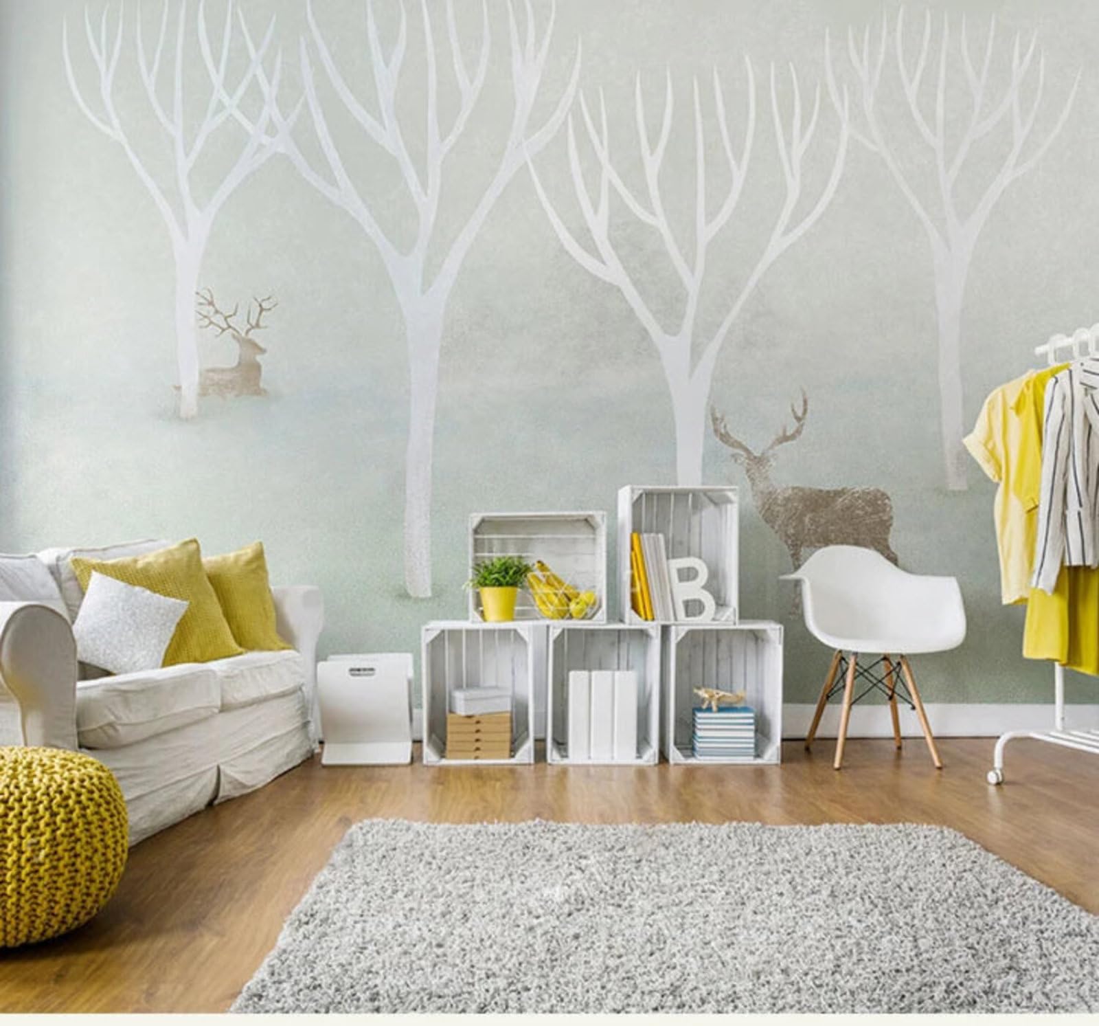 Tzxztt Hand Drawn Cartoon Woodland Sika Deer Art Modern 3D Wallpaper Premium Textured Silk Neutral Tones Material Ideal for Living Room Bedroom-400cm×280cm