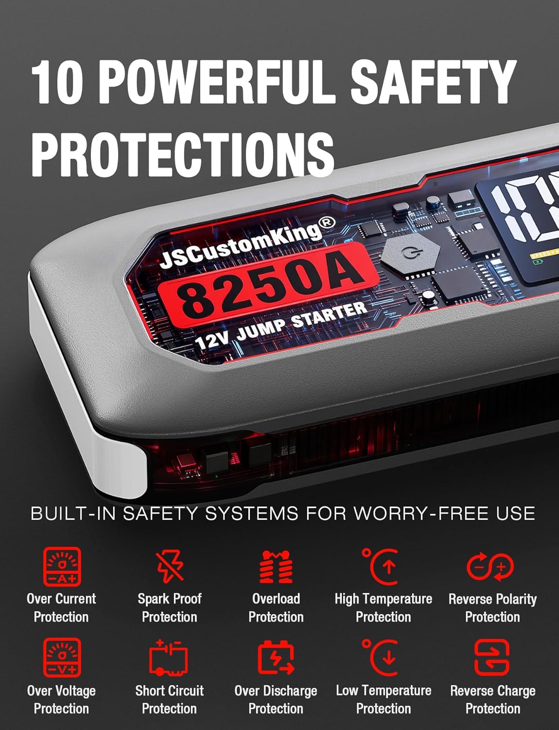 8250A Jump Starter Battery Jump Starter Battery Pack (for All Gas or 10.0+L Diesel), 12V Potable Heavy Duty Car Jump Start with 3.2 inch HD Screen, 2 USB Power Bank 48-Months Stand-by Time - Image 5