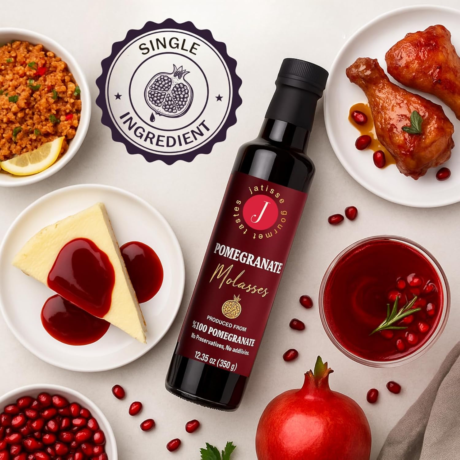 Jatisse Pomegranate Molasses 12.35 fl oz (Pack of 6) – 100% Natural, No Sugar Added, Vegan Pomegranate Syrup – Sweet & Tangy Mediterranean Molasses for Salad Dressing, Glaze, Cooking Sauce, or Desserts (12.35 fl.oz (Pack of 6))