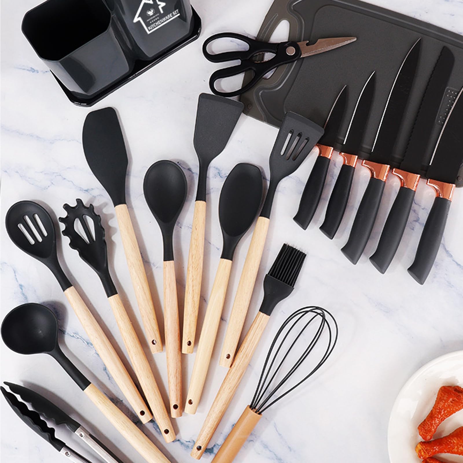 Set Couteaux de Cuisine 19 pièces avec ustensiles de cuisine en silicone 5 couteaux 12 accessoires antiadhésifs 1 paire de ciseaux planche à découper et support pour cuisson sans stick (Noir)