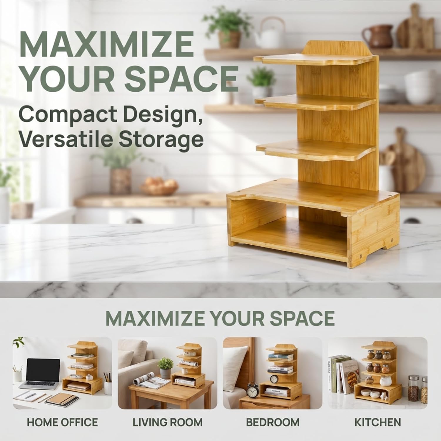 4 Tier Desktop Bookshelf with Drawer, Bamboo Floor Free Standing Organizer Bookcase, Corner Display Open Storage Shelves Book Magazines Rack for Small Space, Office, Home