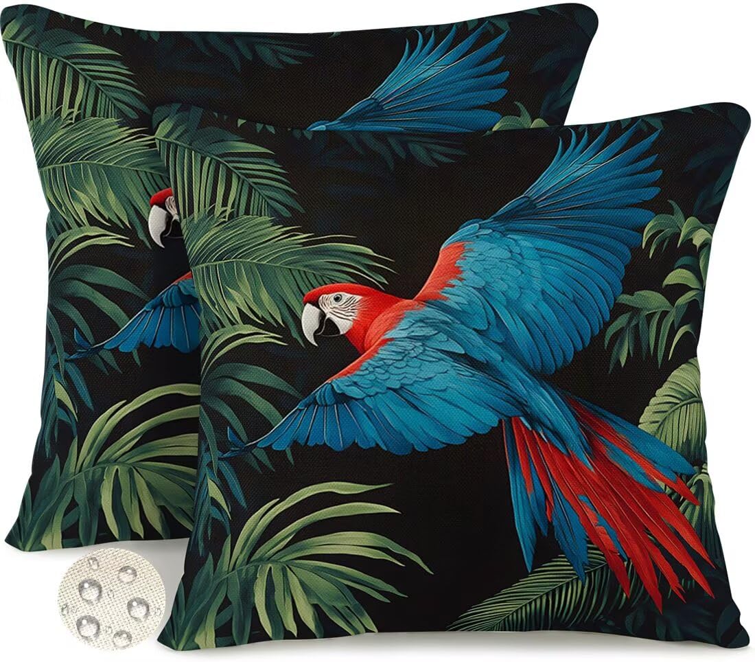 Wangllpgy Jungle Parrot Outdoor Cushions 35Cm X 35Cm Set Of 2 Waterproof Cushion Covers Rustic Garden Cushions Summer Decorative Pillows Throw Pillow Covers Double-Sided For Outdoor Patio Garden Sofa -Gy478