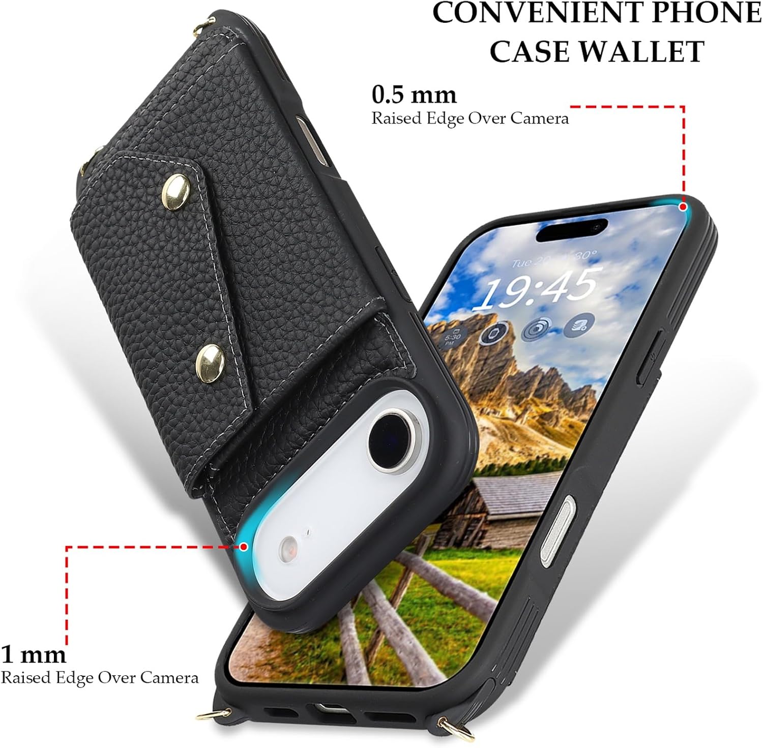 Genuine Leather Wallet Case for iPhone Air, Necklace Lanyard Case Cover with Card Holder & Cash Pocket for Women Girls,Magnetic Snap,Anti-Lost Shoulber Strap 6.6 inch,Black