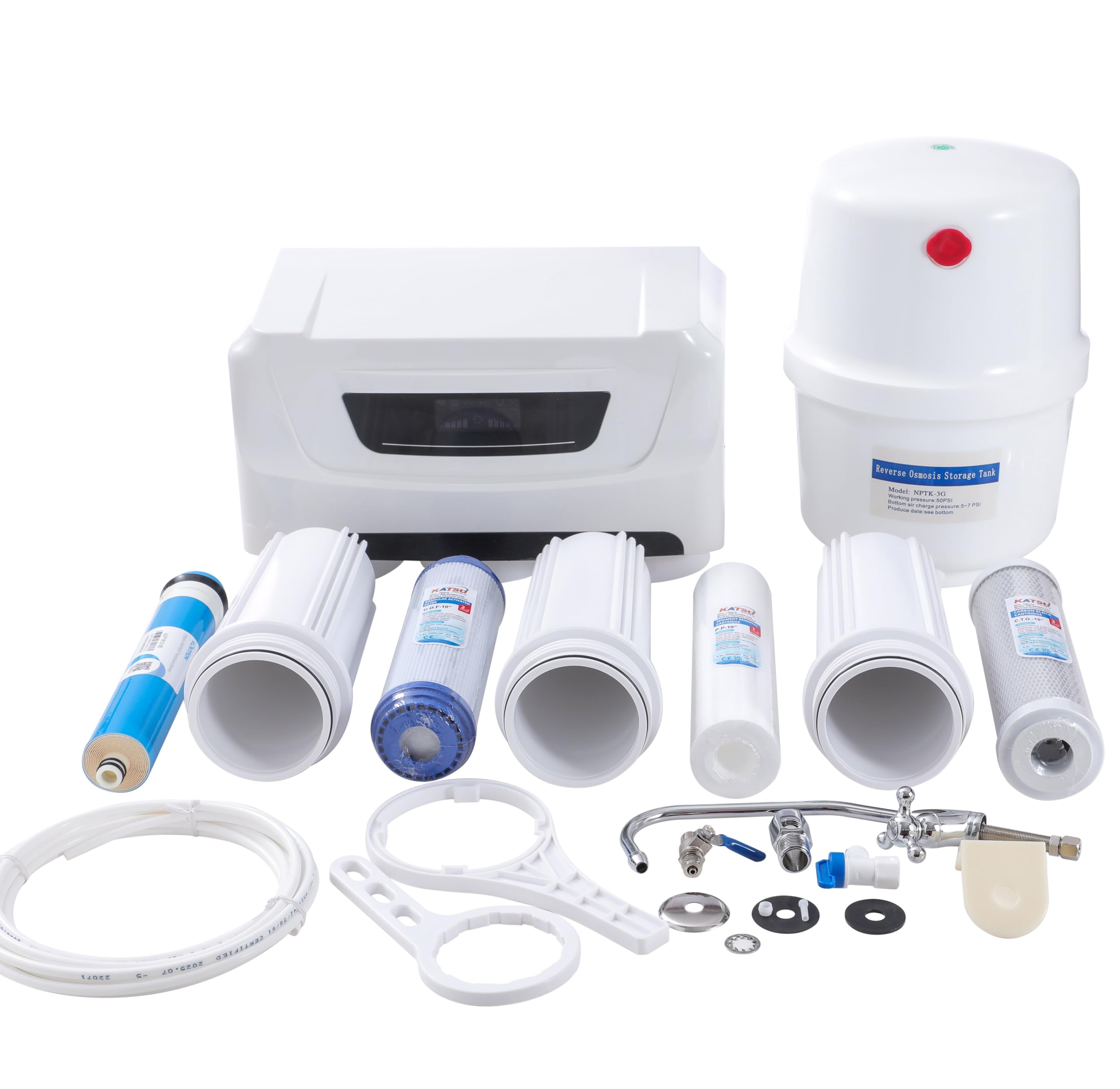KATSU Tools Sistema de filtración de agua potable por ósmosis inversa debajo del fregadero de 5 etapas, pantalla LED, descarga automática, bomba 50GPD, modelo 150216