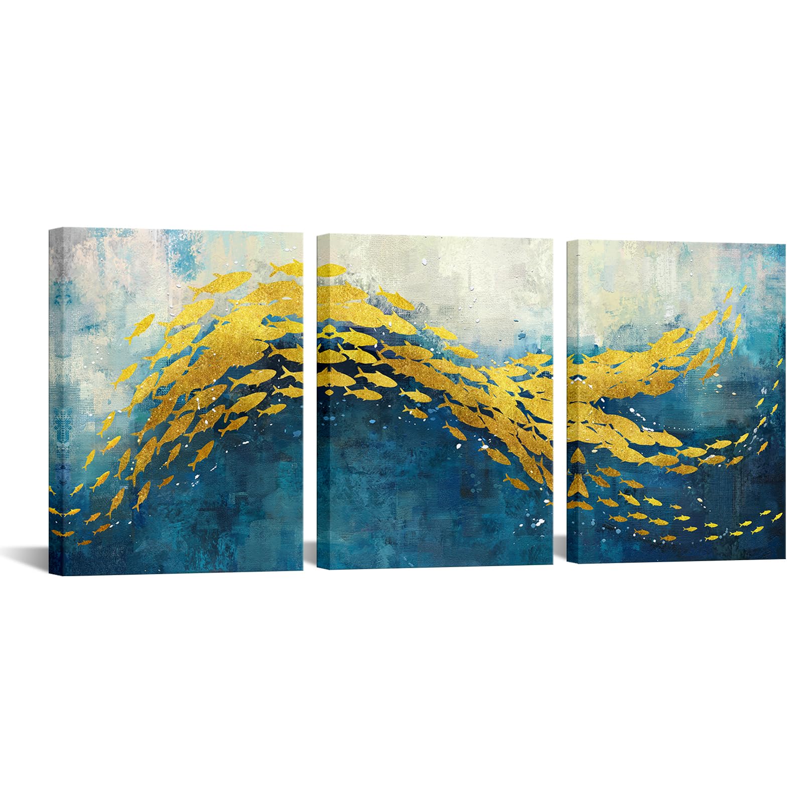 KREATIVE ARTS Gold Fish Wall Art Abstract Blue Ocean Canvas Prints School of Fish Artwork for Bathroom Bedroom Living Room Decor Coastal Nautical Modern Painting Set of 3 12x16 Inch