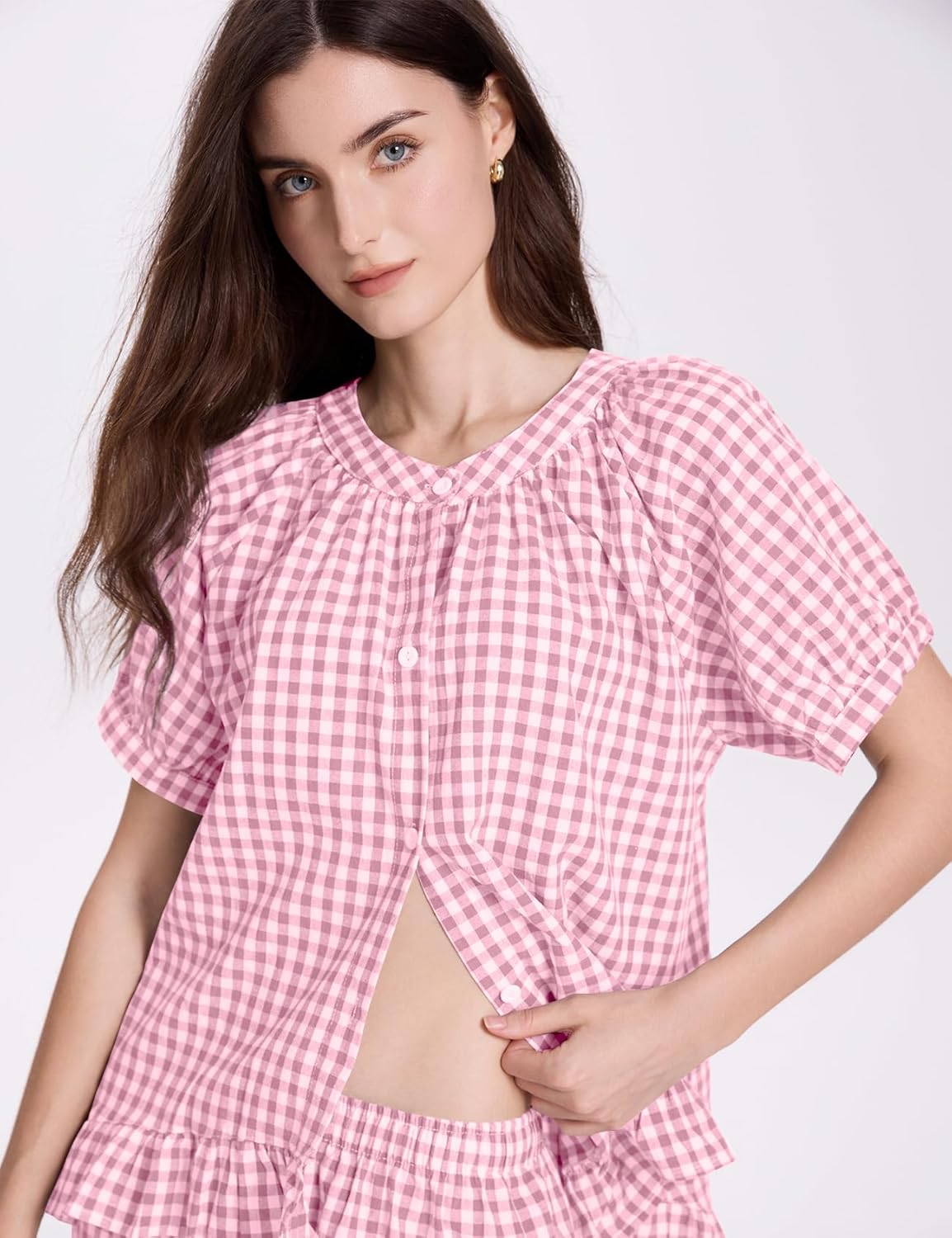 COZYPOIN Womens Gingham Pajama Set 2 Piece Plaid Cotton Pjs Cute Ruffle Sleepwear Maternity Bridesmaid Pajamas Loungewear - Image 4