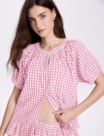 COZYPOIN Womens Gingham Pajama Set 2 Piece Plaid Cotton Pjs Cute Ruffle Sleepwear Maternity Bridesmaid Pajamas Loungewear