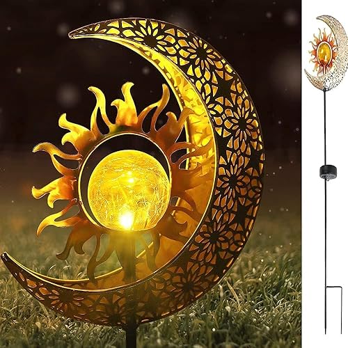 Klmnduo Luces solares de jardín para decoración al aire libre, sol y luna agrietada, luces de metal de globo de vidrio con energía solar, estacas