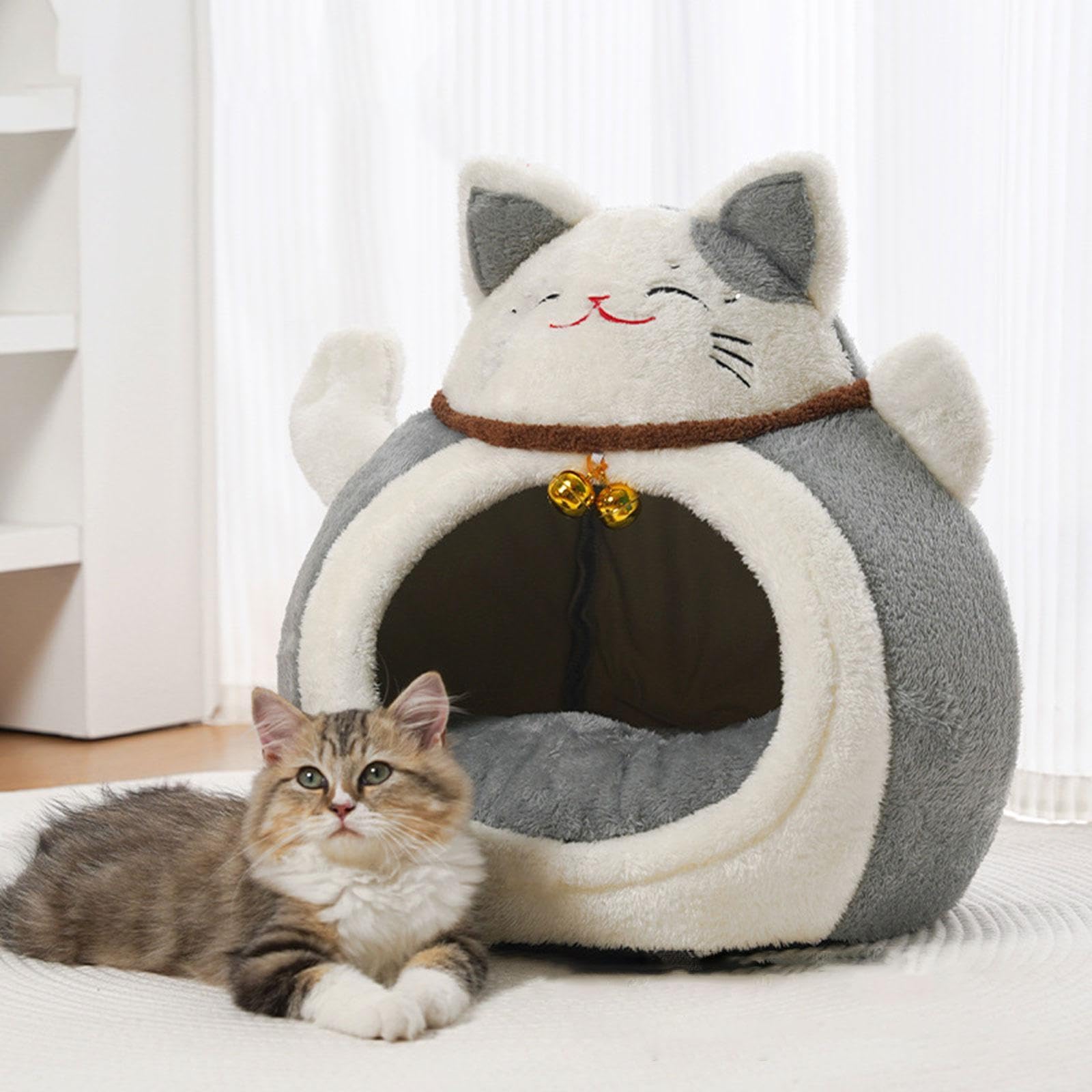 Milageto Niche pour Chat Multifonctionnelle, Abri pour Animal en Forme de Chat Porte-Bonheur, Maison Antidérapante et Confortable avec Clochette, Lit Doux en Coton PP pour Animaux de Compagnie, Gris L