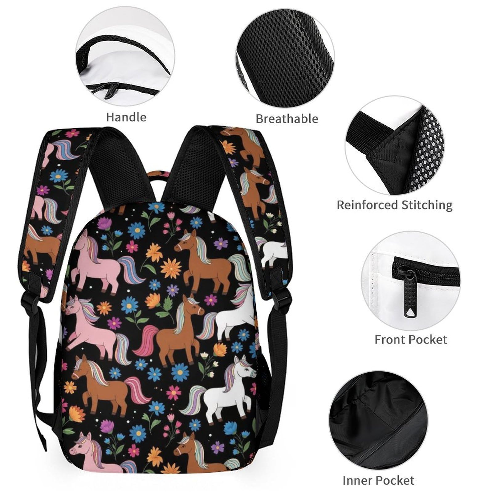 Conjunto de mochila de viaje con bolsas para el almuerzo y neceser. Mochila con forma de caballo y flores. Caja de almacenamiento para libros.