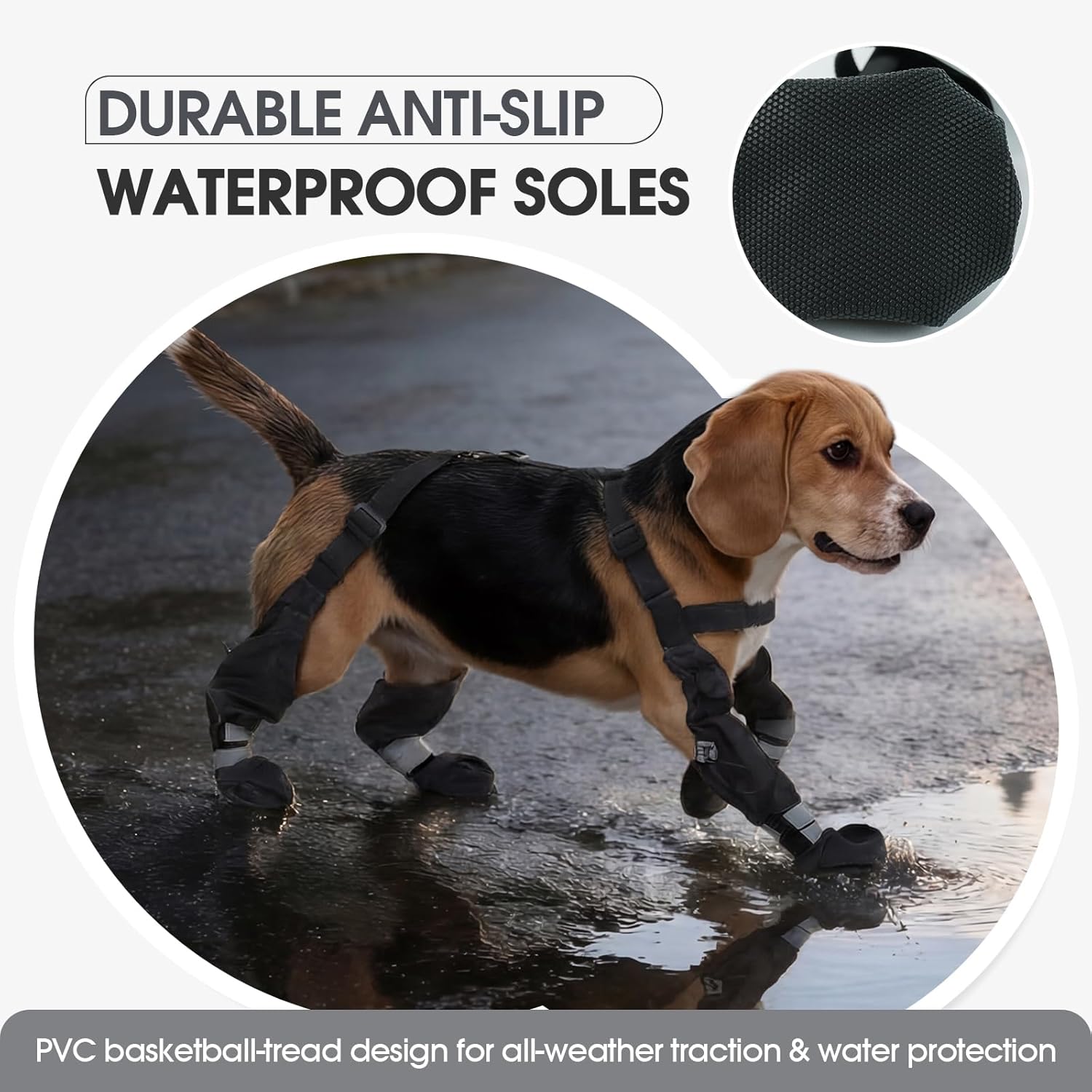 Pezluxe Dog Suspender Boots, Waterproof Anti-Slip Dog Rain Boots with Adjustable Strap for Small Medium Large Dogs, Reflective Paw Protector Pet Shoes for Outdoor Walking, Rain Snow Hiking, Black, XL