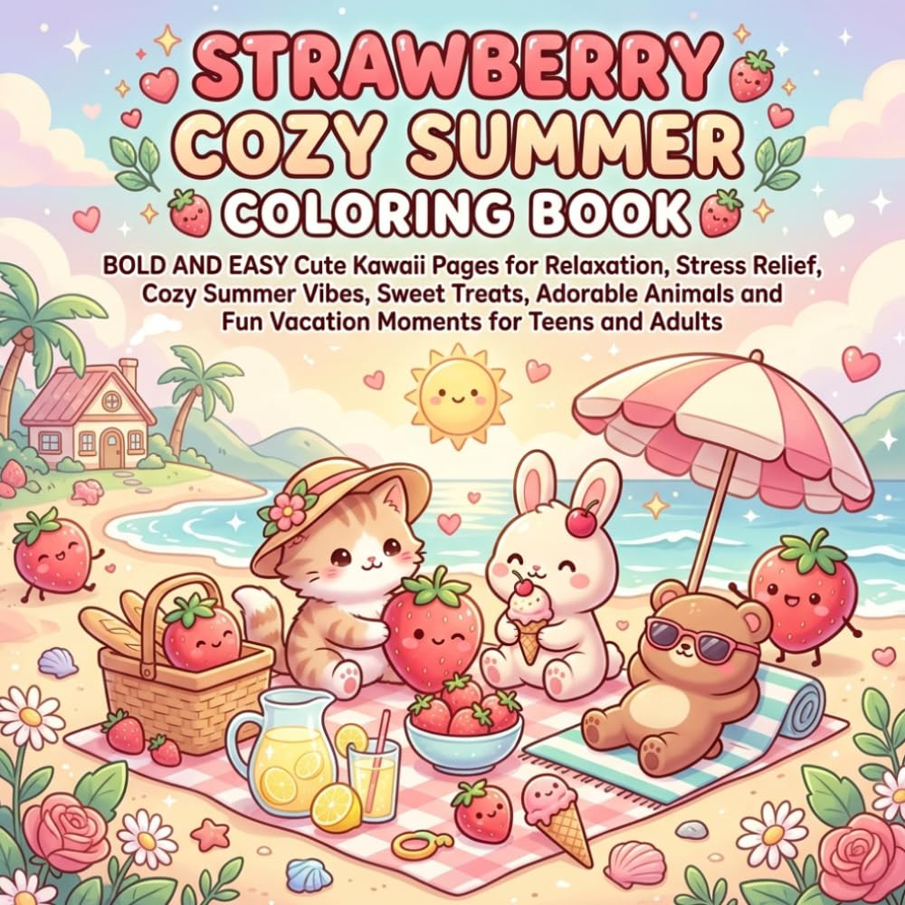 Strawberry Cozy Summer Coloring Book: Bold and Easy Cute Kawaii Pages for Relaxation, Stress Relief, Cozy Summer Vibes, Sweet Treats, Adorable Animals and Fun Vacation Moments for Teens and Adults