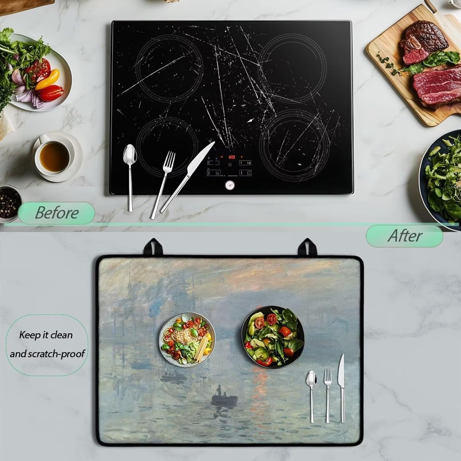 Monet Impression Sunrise Stove Mat for Glass Top Cooktop Protector, Dish Drying Mat for Kitchen, Heat-Resistant Washable for Table, Washer-Dryer Blue
