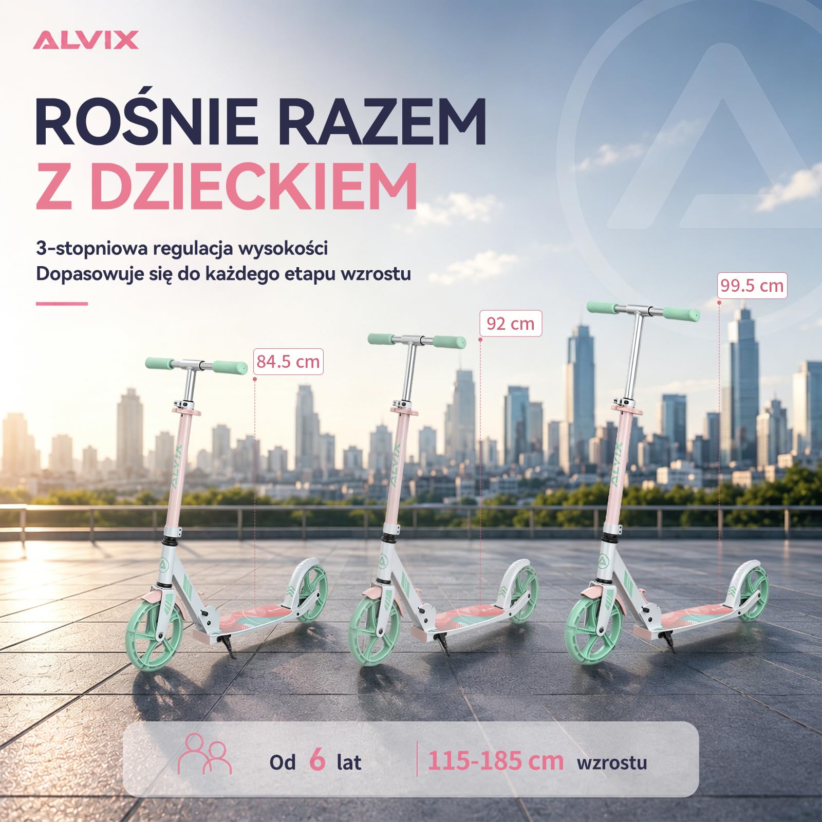 ALVIX Hulajnoga dziecięca z kołami LED, regulowana wysokość, kółka 200 mm, składany skuter z paskiem do noszenia, szeroki pokład do 100 kg