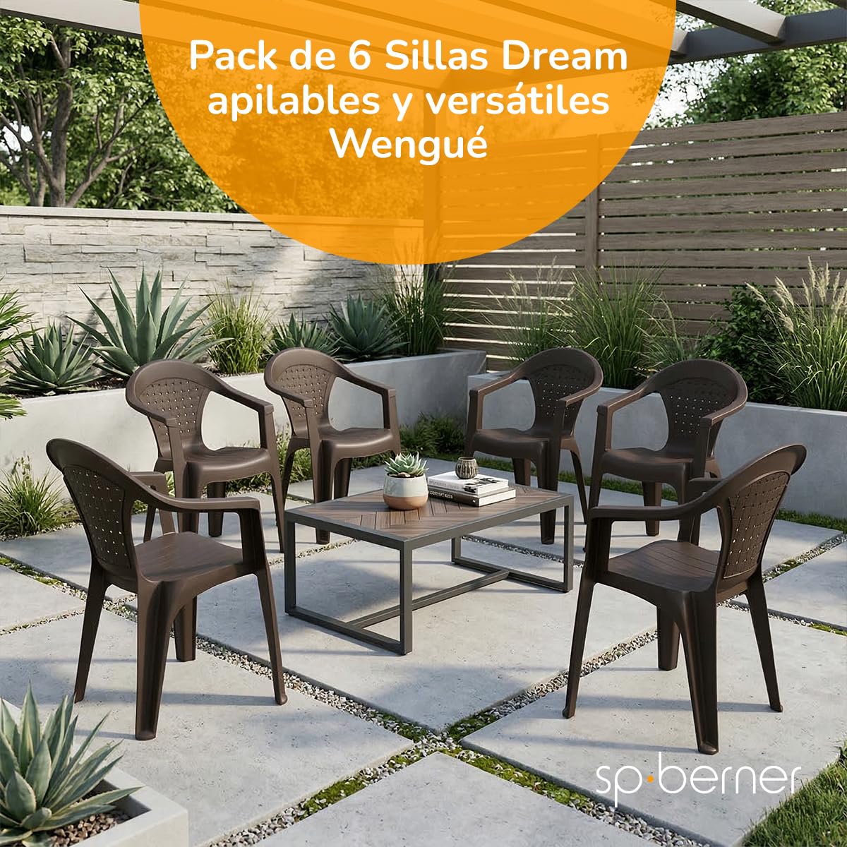 SP Berner SHAF - Pack 6 Sillas de Jardín Apilables - Exterior Terraza, Balcones y Cualquier Zona de Ocio - Plástico Reciclado Resistente UV - Fabricadas en España - Modelo Dream - Wengué