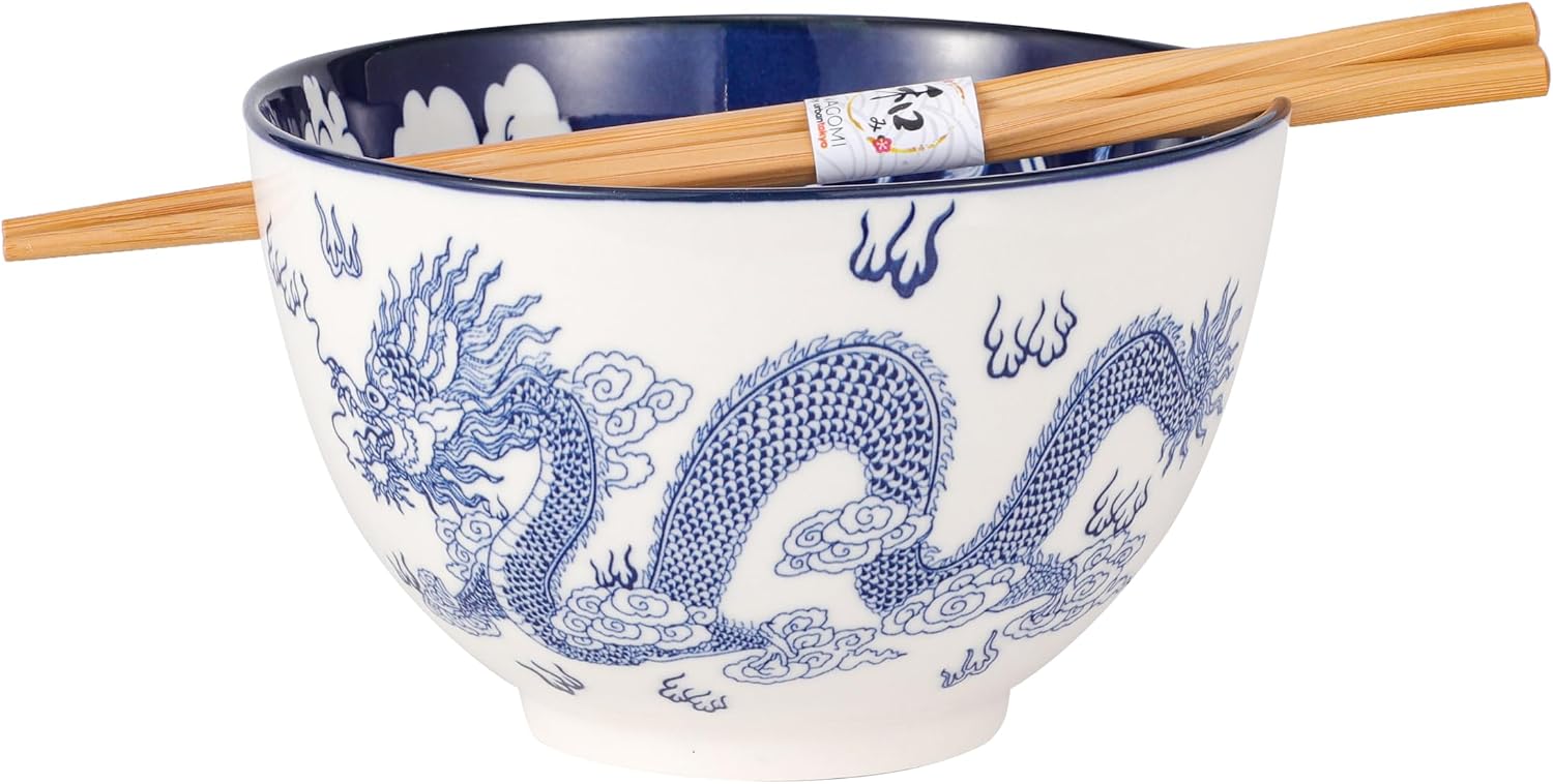 Ramen Udon Noodle Rice Bowls With Chopsticks 20 fl oz 6 inch Diameter Japanese Design Bowl Sets Color Box Packaging (Ryu Dragon)