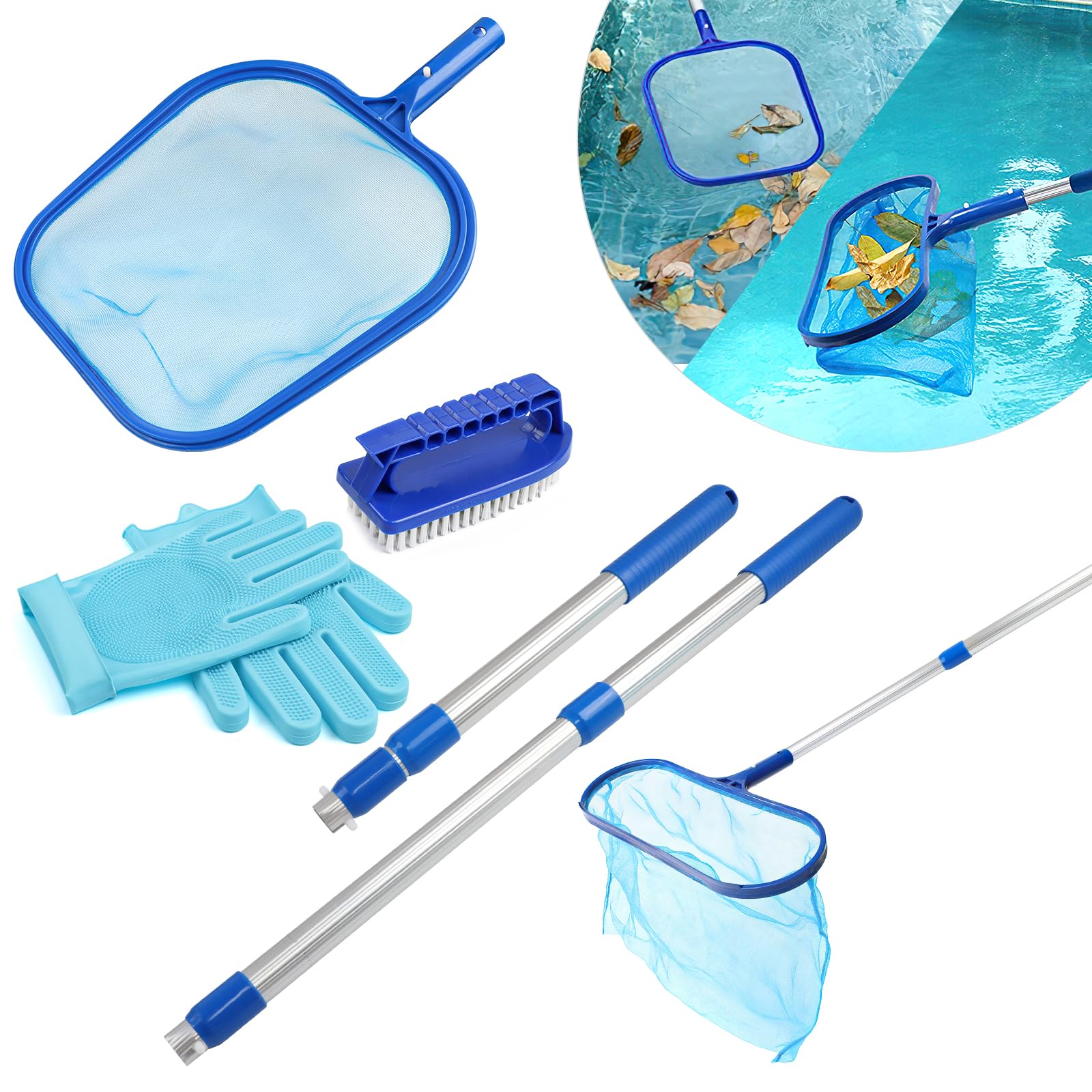 Epuisette Piscine, Epuisette de Fond Piscine avec 40-93cm Manche Telescopique, Filet de Fond Piscine, Épuisette Profonde, Kit de Piscine Nettoyage 5PCS, Nettoyager Outil de Étang, Épuisette à Feuilles