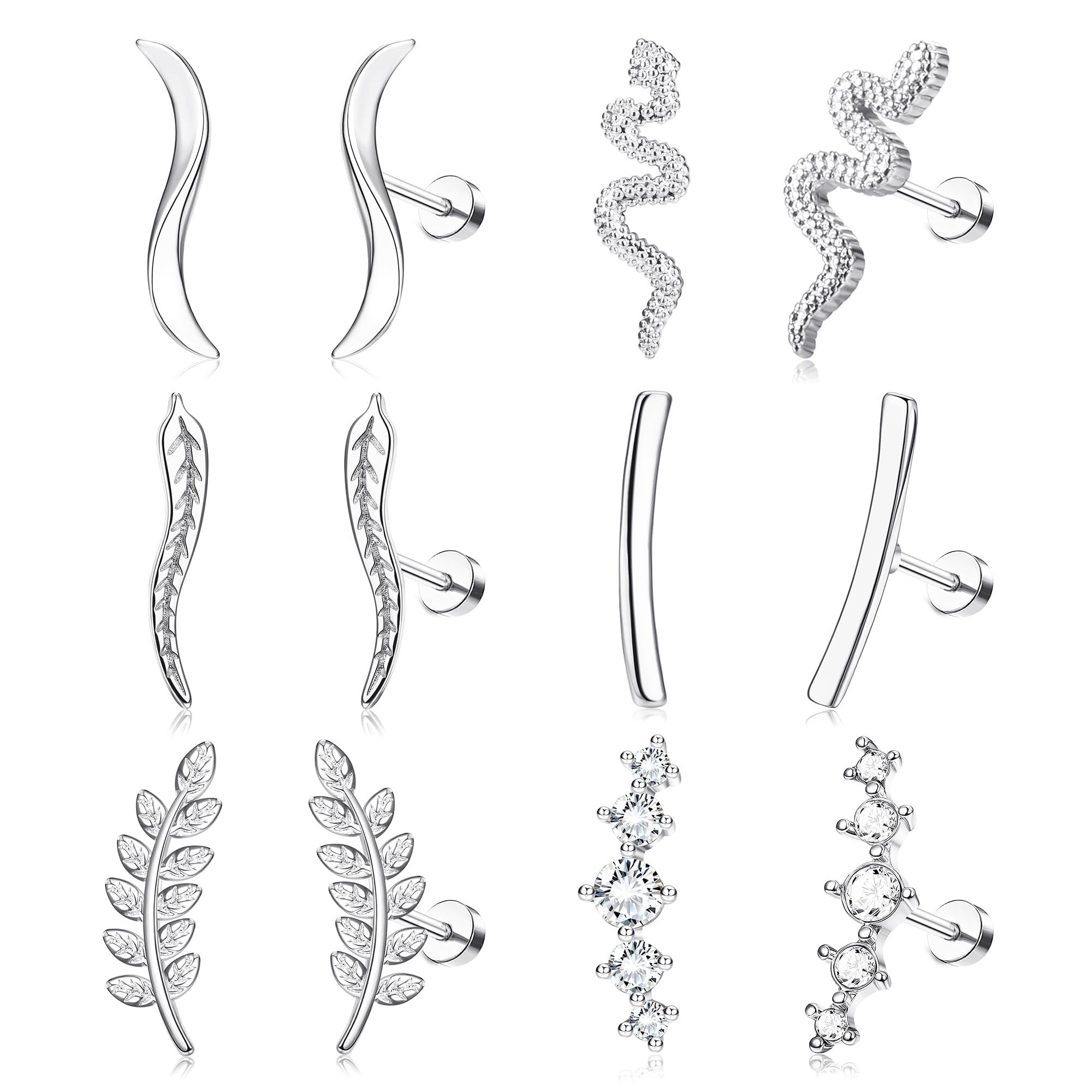Adramata6 Pares 16G Piercing Oreja, Acero Quirúrgico Piercing Helix, Pendientes Trepadores para Mujer, Ópalo CZ Cartílago Tragus Piercing, Aretes de Espalda Plana, Oro Plata Helix Piercing