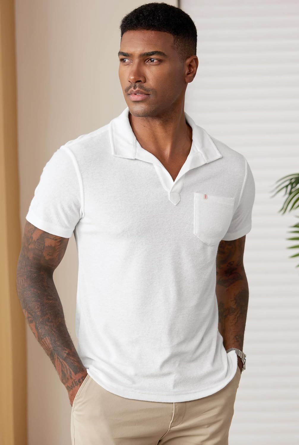Mens Terry Cloth Polo Shirts Johnny Collar Casual Shirt with Pocket (S-XXL)