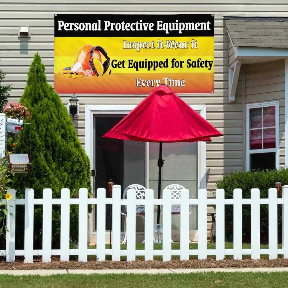 Vinyl Banner Multiple Sizes Personal Protective Equipment Inspect Wear Equipped Safety Business Outdoor Weatherproof Industrial Yard Signs Yellow 8 Grommets 48x96Inches