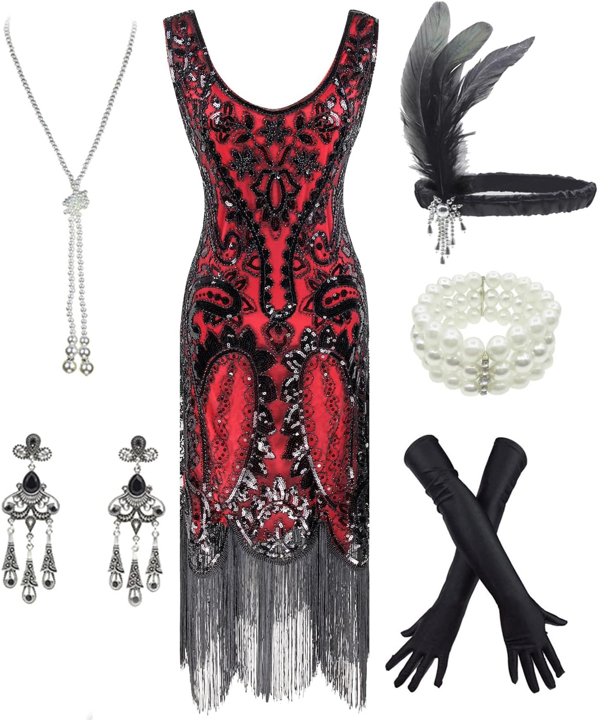 Women's Roaring 20s V-Neck Gatsby Flapper Dresses with Accessories Set