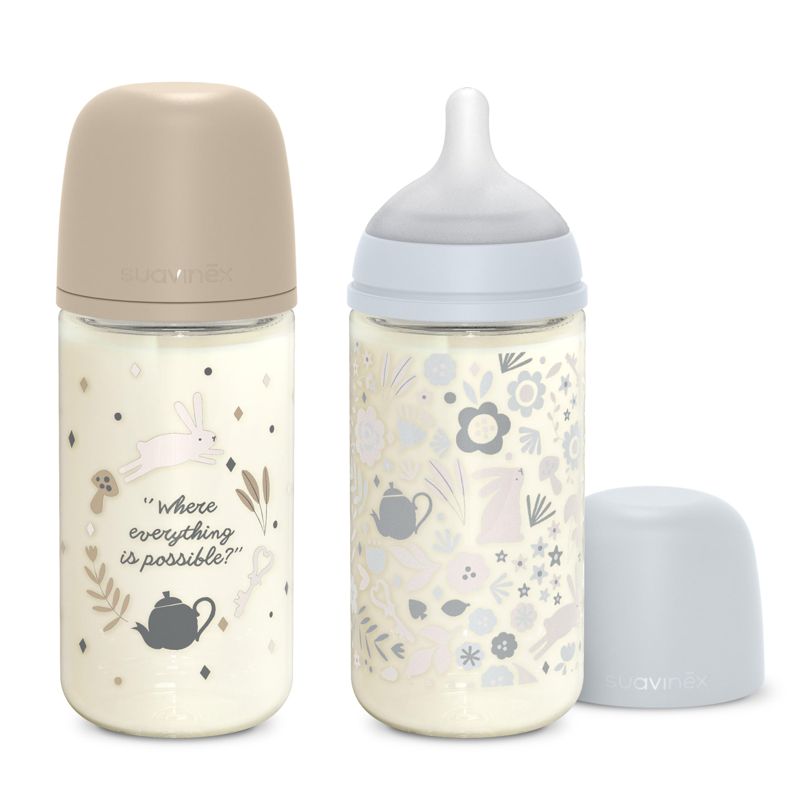 Suavinex, Pack Biberons en Verre de 240 ml. Biberon avec Tétine Symétrique SX Pro en Silicone, Anticoliques, Biberon avec Tétine à Débit Moyen (M), Pour Bébés +3 Mois, Wonderland Bleu, Beige