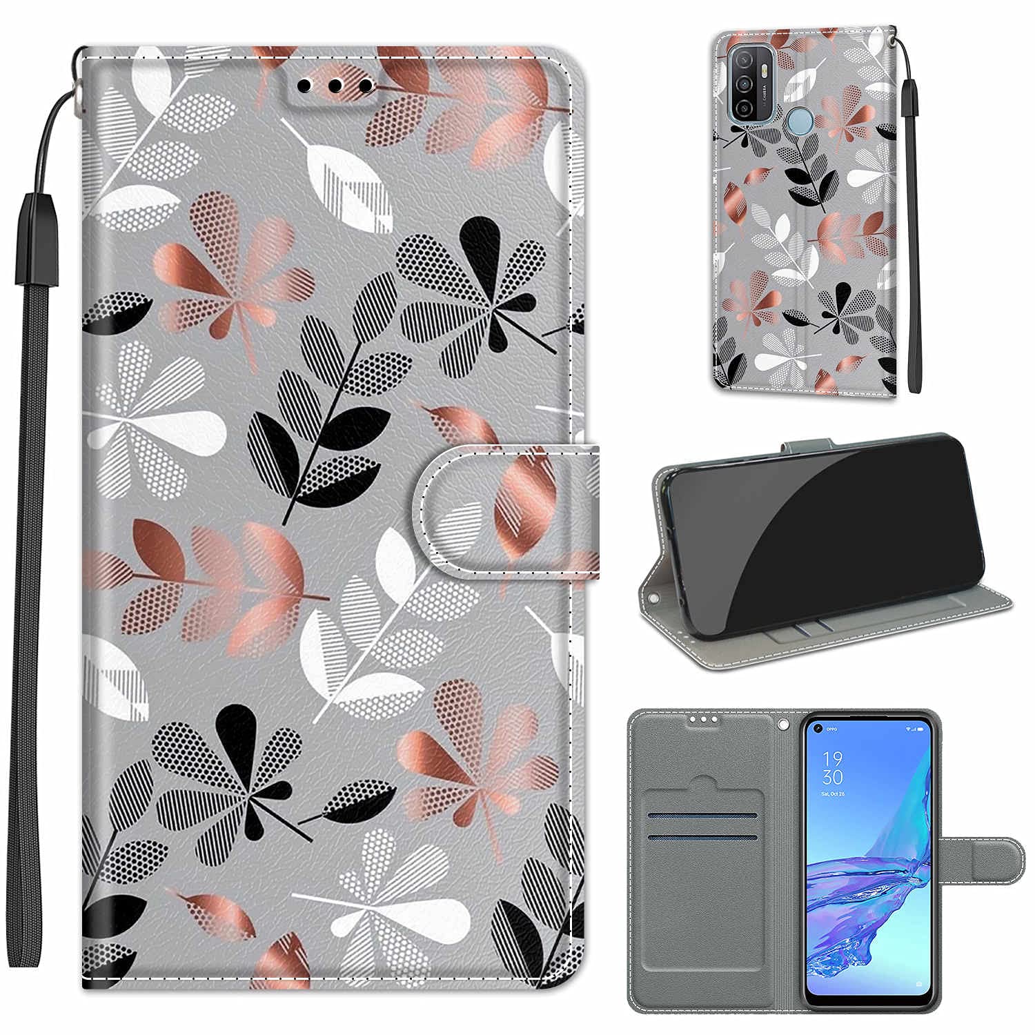 ChoosEU Cover per Oppo A53 / A53S / A33 / A32 2020 Flip Case Custodia in Pelle Portafoglio Silicone Elegante Disegni Antiurto Protettiva per Ragazze Donne Ragazzi Cover a Libro - Foglia
