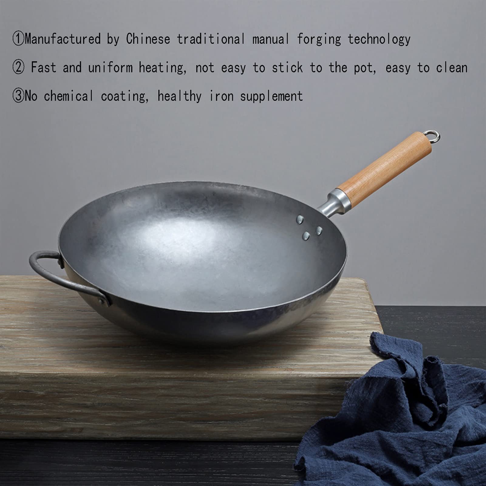Craft Anti-aderente Wok Tradizionale Mano Martellato Acciaio al carbonio Pow Wok con Legno e acciaio Helper Handle (Fondo tondo) (Size : 34cm/13.3in)