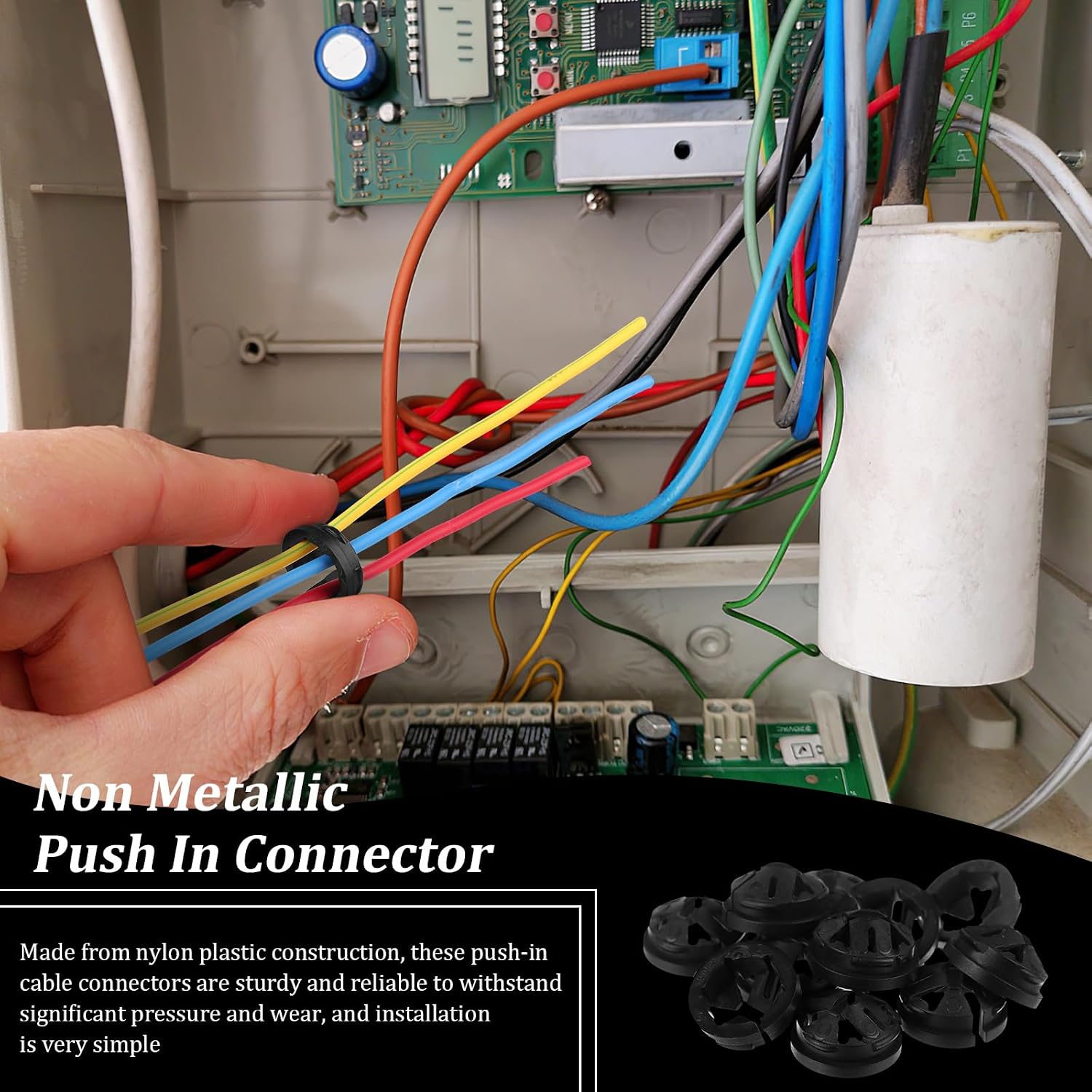 150 Pieces 3/8-1/2 Inch Non-Metallic Button Push-in Cable Connector, Plastic Cable Connector Electrical Conduit Fittings, Fits 1/2-Inch Knock Outs, Used for Junction Box Connections (Black)