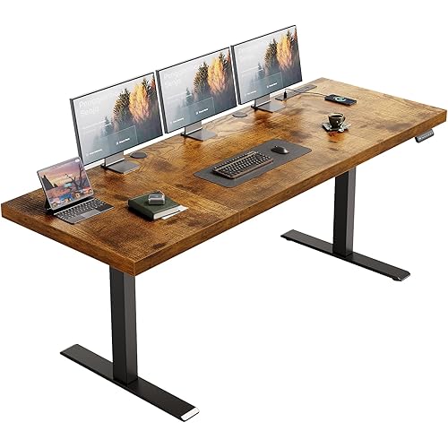 OffiGo Electric Standing Desk with 3-Piece Board, 71 Inch Height Adjustable Large Desk with Power Outlets, Sit Stand Table, Writing Computer Desk for Home, Office, Workstation, Rustic Brown