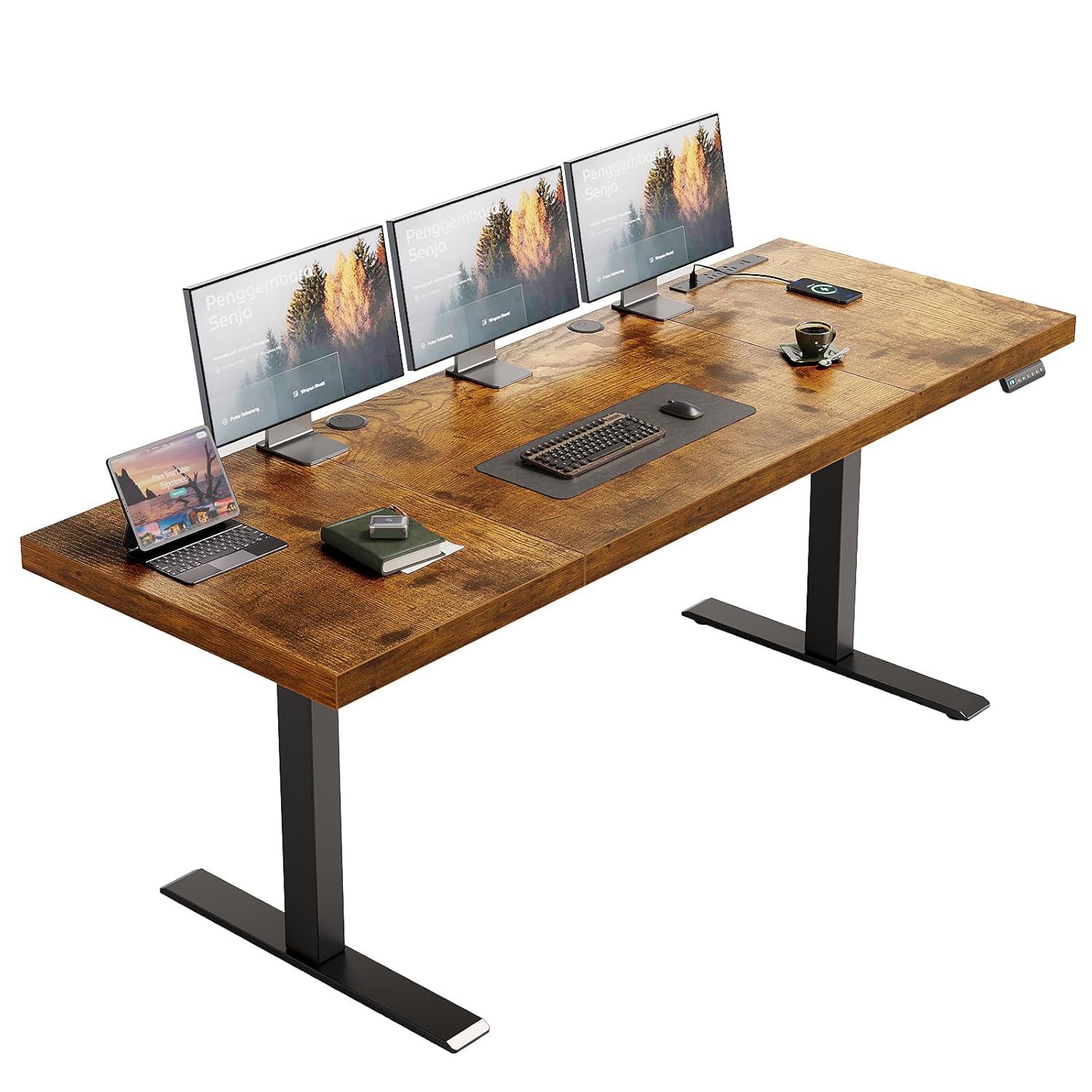 OffiGo 71 Inch Executive Electric Standing Desk Height Adjustable Desk with Power Outlet 1 38 Thick 3-Piece Desktop