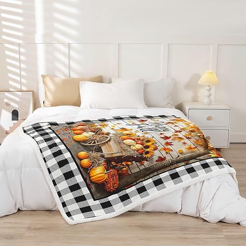 Miniatura 2 de Manfei Manta con temática de cosecha de otoño para sofá, calabaza, girasol, arce, manta de cama para niños y niñas, manta de forro polar suave y