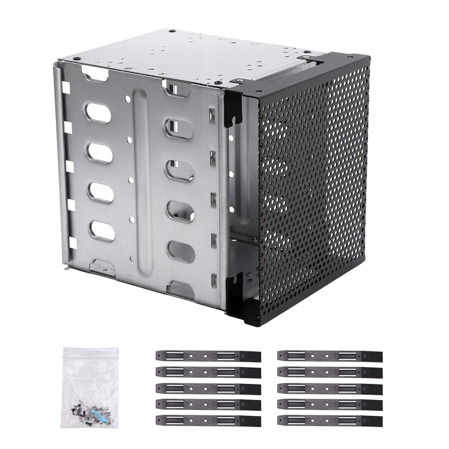 Ragyzity Gabbia per disco rigido in acciaio inossidabile, rack da 5,25 pollici a 5 x 3,5 per computer, vassoio per driver rigido con spazio ventola, piastra in acciaio zincato, rack per HDD Cage Rack