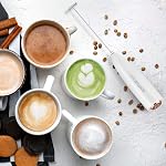 SIMPLETASTE Milk Frother Handheld Electric Foam Maker, Drink Mixer with Stainless Steel Whisk for Cappuccino, Bulletproof Coffee, Latte, White, with Stand, Battery Operated