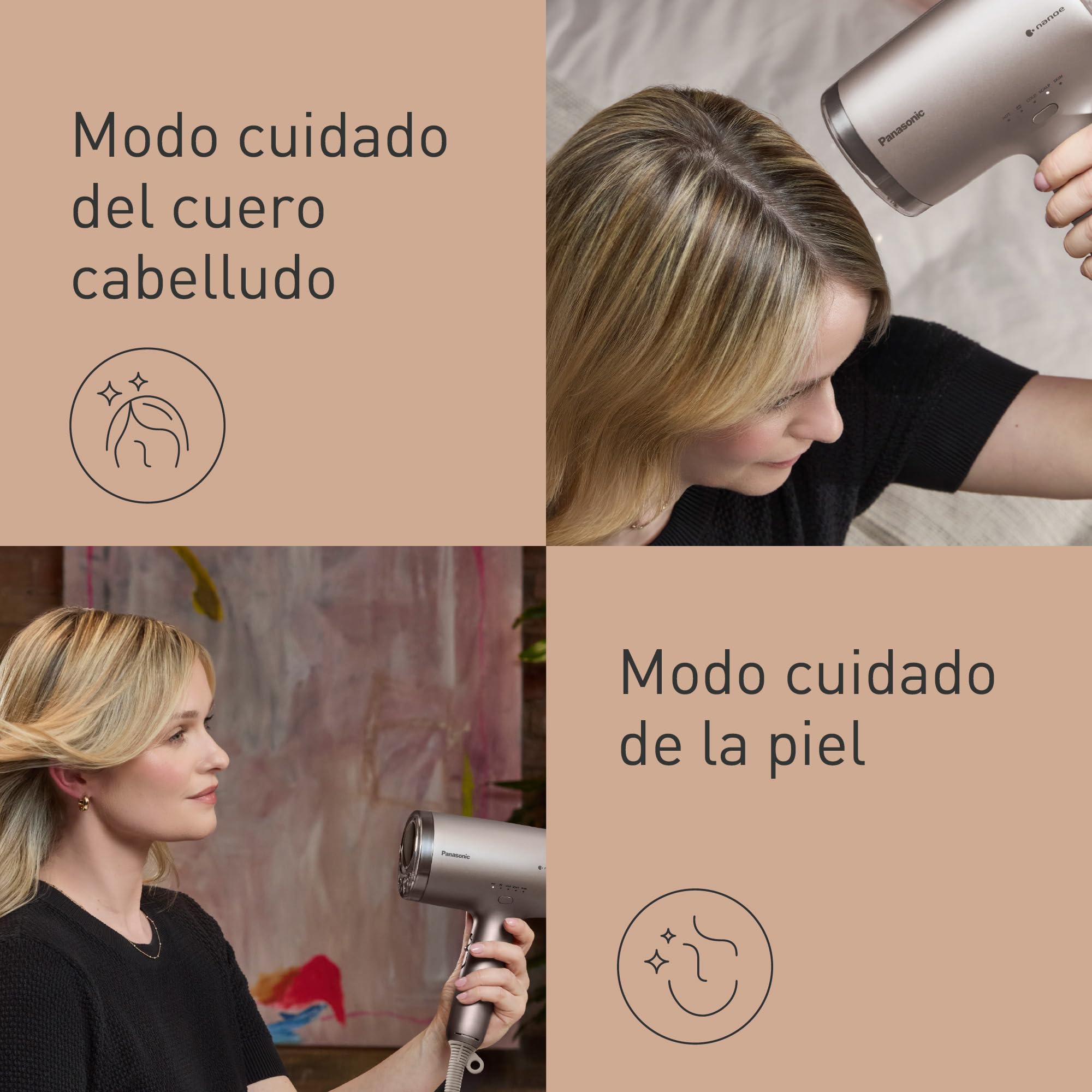 Panasonic EH-NA9N-E825 Nanoe e Iones Minerales Secador De Pelo, Antidaño, Secado Rápido, Detección Inteligente, Modo Cuero Cabelludo y Piel, Accesorio Concentrador, 1600 W, Champagne