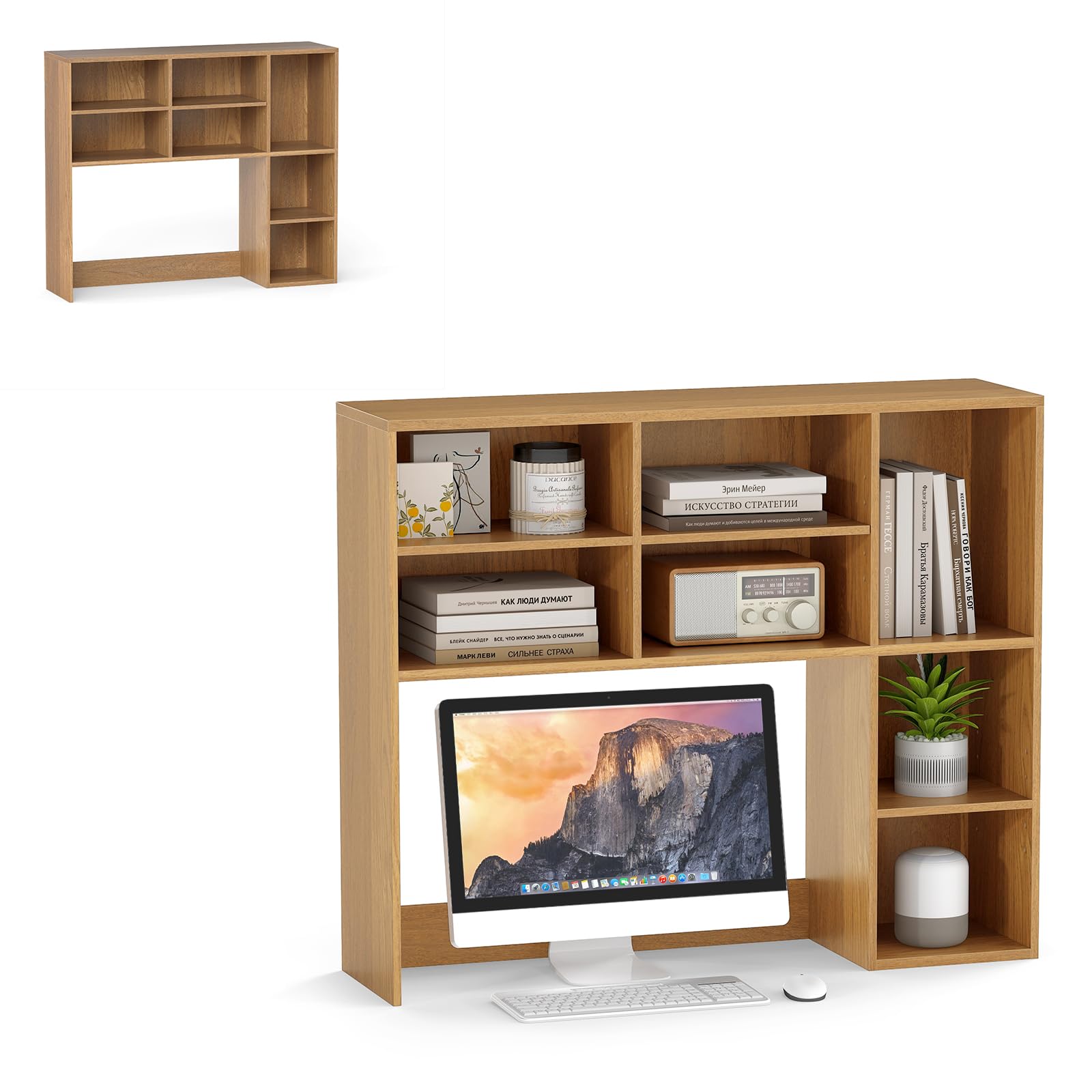HOMASIS Libreria da Scrivania, Scaffale Portaoggetti con Ripiani Regolabili in Altezza, Organizzatore da Tavolo con Dispositivo Anti-Ribaltamento e Piedini Regolabili per Studio (Naturale)
