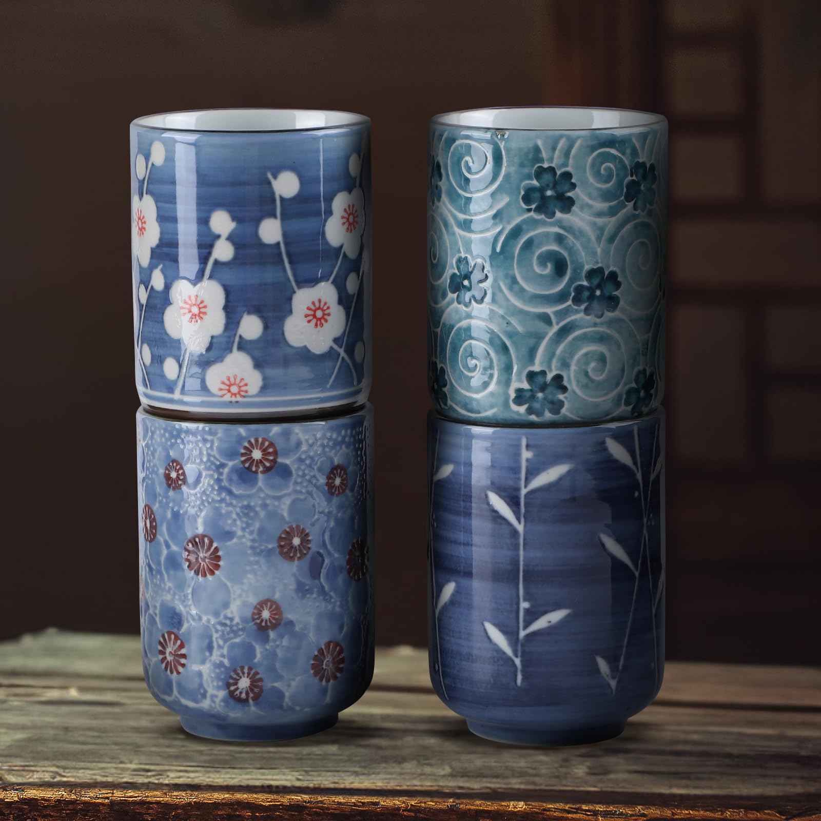 Lot de 4 Tasses Japonaises en Céramique 320 ml - Design Asiatique Sans Anse en Porcelaine pour Thé, Café, Saké - Beau Design Floral