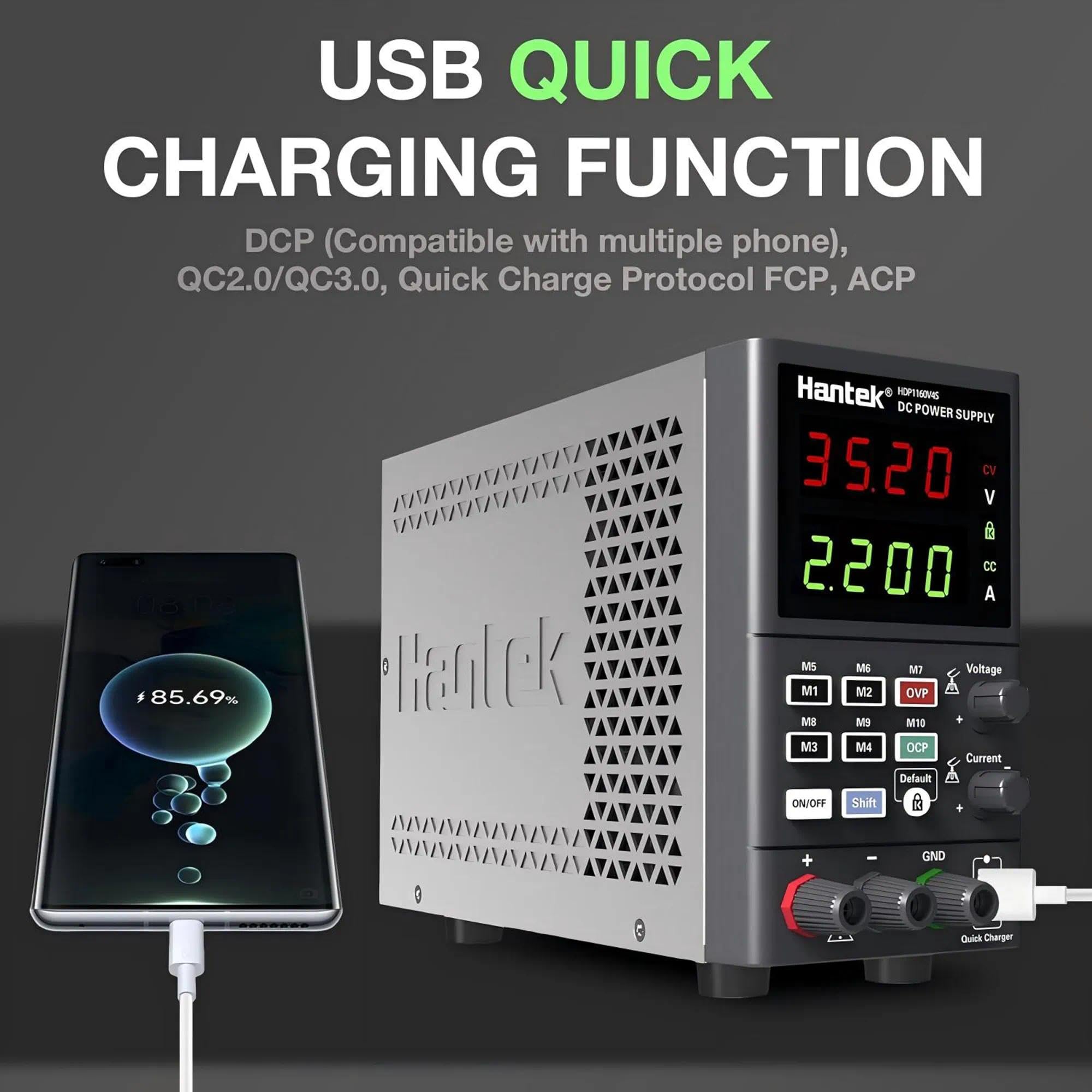 Hantek HDP180V8S Labor-Netzteil 80V 8A 180W – Programmierbar, Mit USB QC 3.0, 10 Speicherplätze, 230V/115V