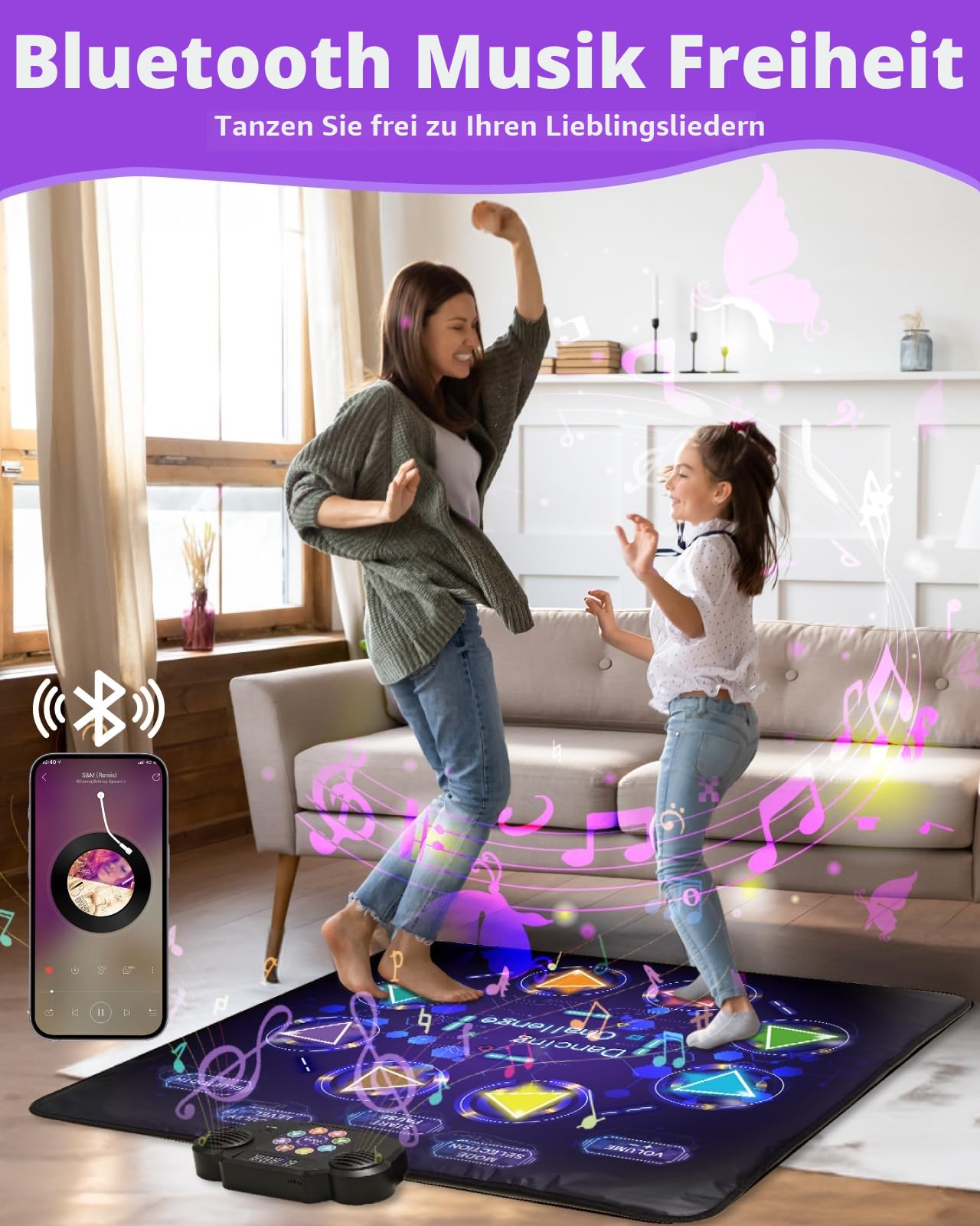 Gleamkid Tanzmatte Für Kinder, LED Licht-Tanzpad Mit 8 Tasten, Integrierter Musik, Bluetooth, 8 Modi, Kinder Von 3-12