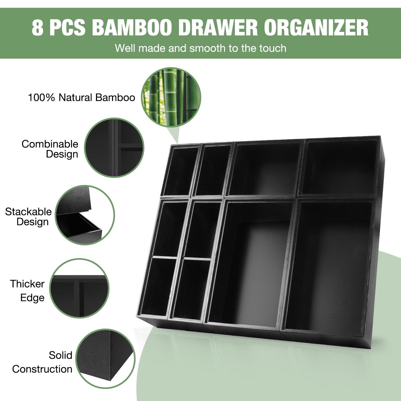 Juego de organizador de cajones de bambú, 8 cajas de almacenamiento de cajones de madera multiusos, cubos divisores organizadores de cajones de basura para cocina, baño, escritorio de oficina, 3