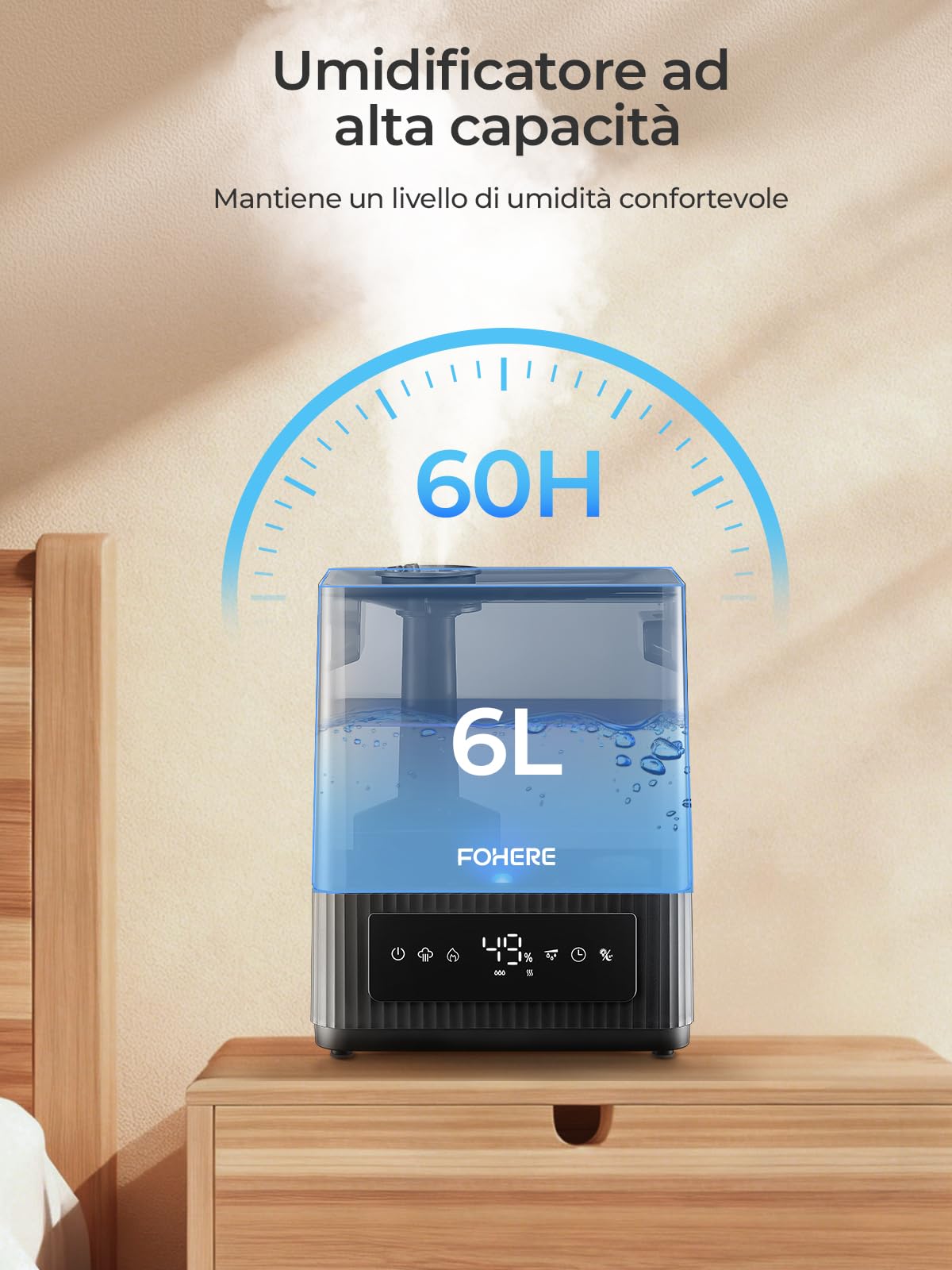 6L Luftbefeuchter für große Räume, Kaltnebel Leiser Humidifier für Kinderzimmer Schlafzimmer Pflanzen, 60 Std. Laufzeit, präziser Feuchtigkeitssensor, Aromadiffusor, oben befüllbarer