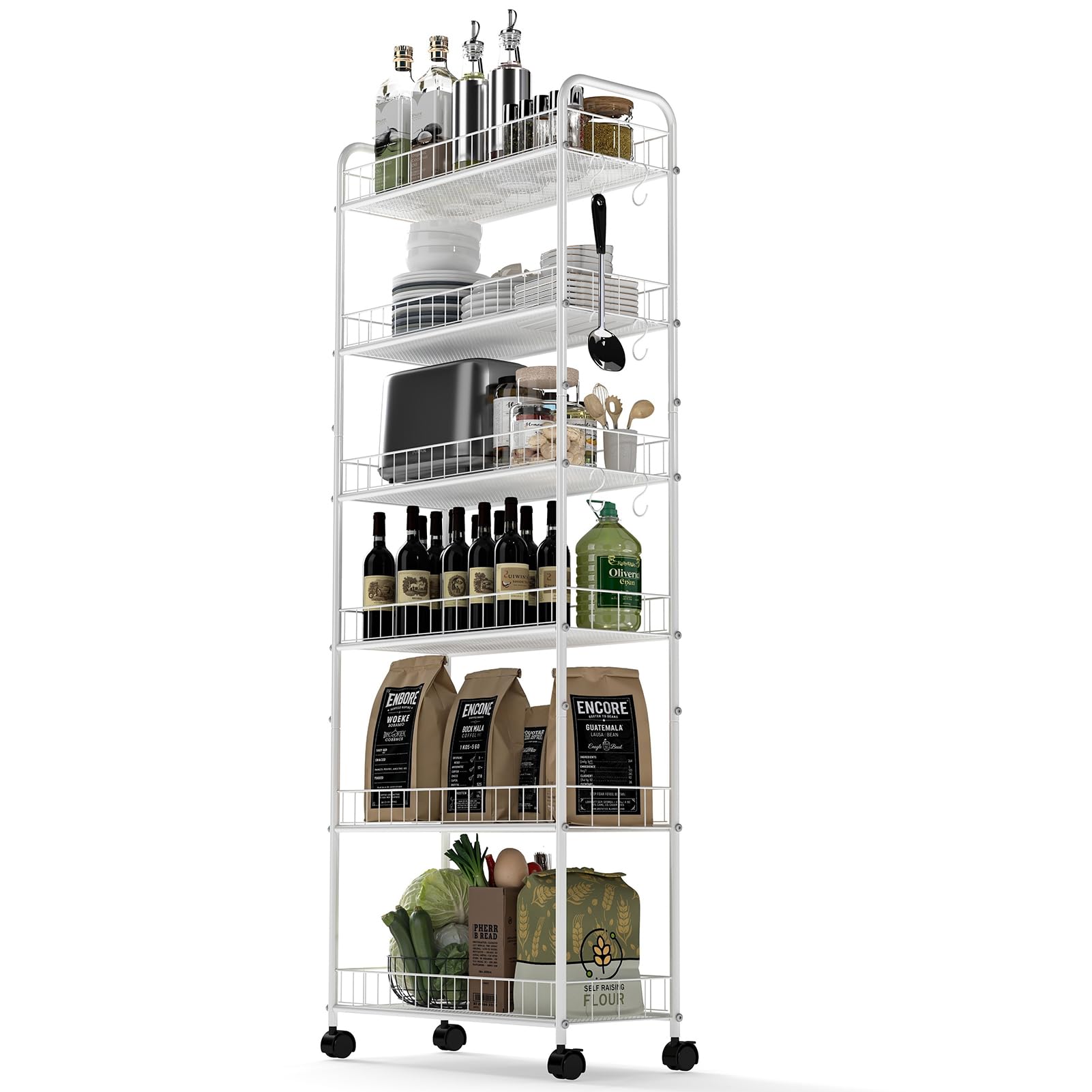 HAUSPROFI Küchenregal Schmal, 6 Etagen Regal mit Rollen, 4 Abschließbaren Rädern und Fußpolstern, 6 Haken, Griff und Korb, für Enge Räume wie Küche, Badezimmer usw., Weiß (58,0 × 25,4 × 155,5 cm)