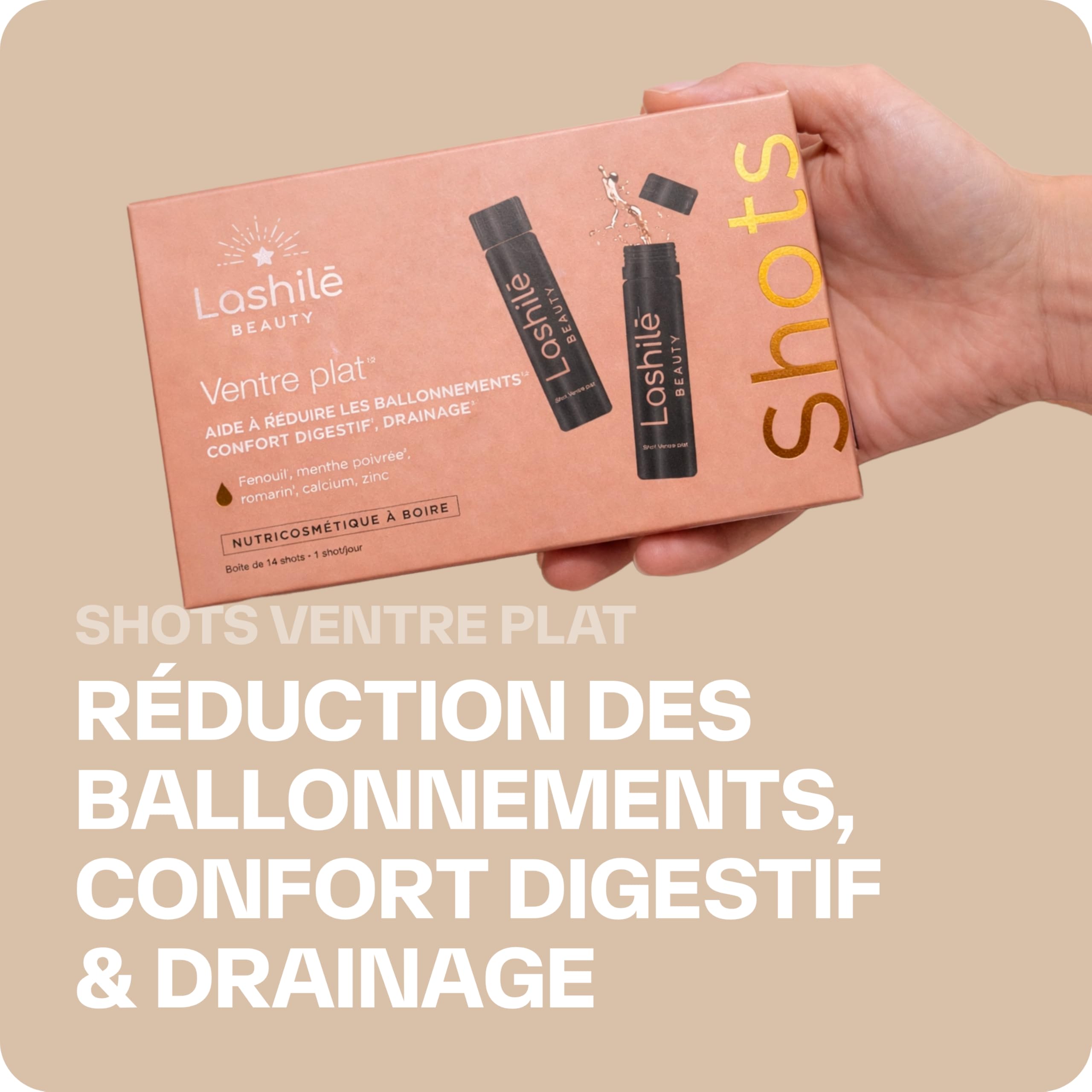 Lashilé Beauty - Complément Alimentaire - Soulager les inconforts digestifs - Shots Ventre plat - Fenouil menthe poivrée romarin calcium zinc - Made in France - Programme 1 Mois