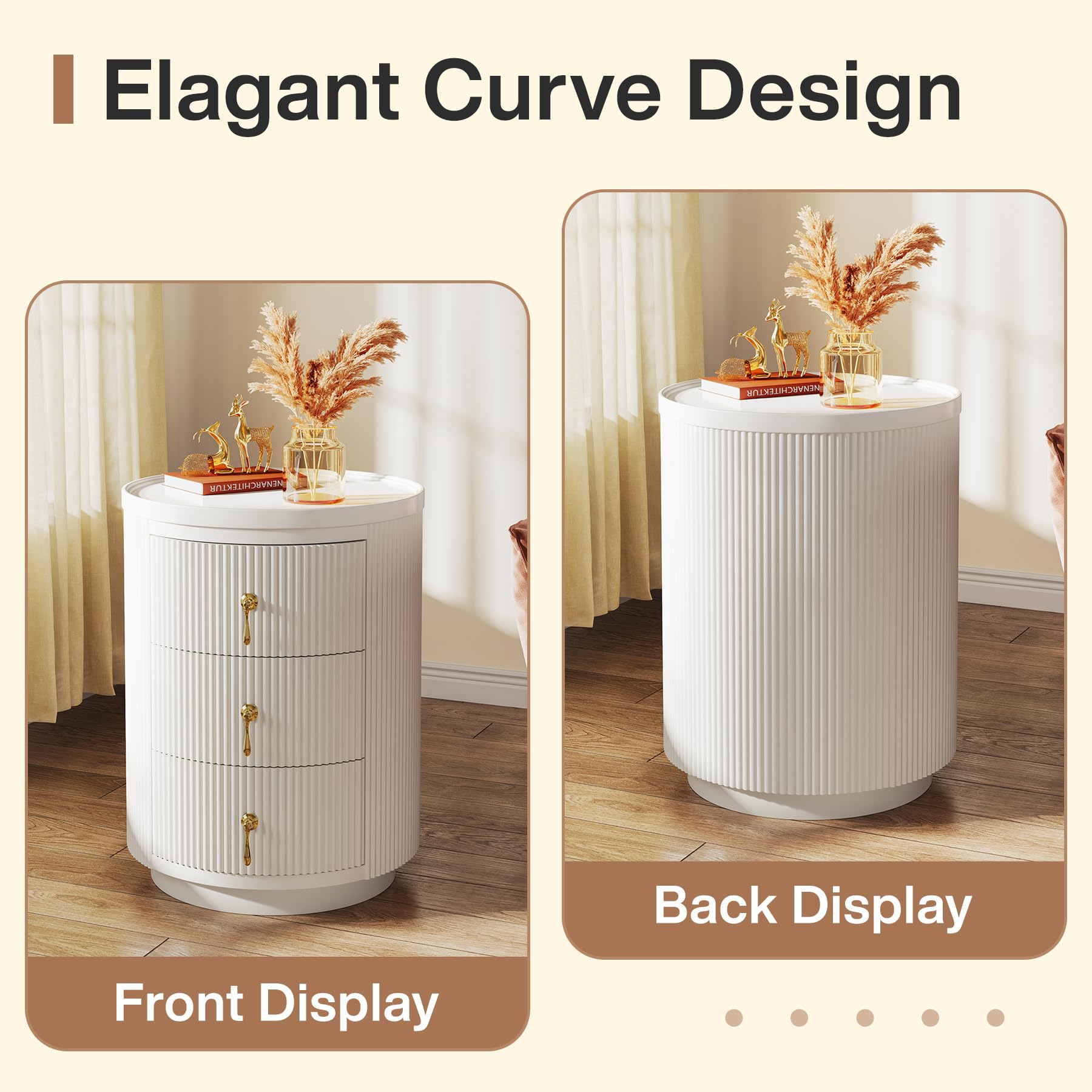 Tribesigns 3 Drawers Nightstand, Small Round End Side Table with Storage | No Assembly Required, 15.94"D x 15.94"W, For Bedroom, Gold Handles, White