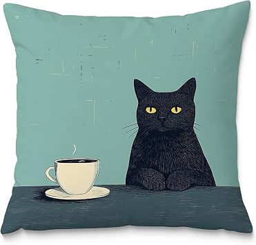 Black Cat Pillow Covers 18x18,Cat Lovers Mom Grandma Gifts for Mothers Day, Black Cats with a Cup Pillow Covers for Home Bedroom Living Room Office Decor