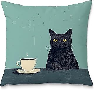Black Cat Pillow Covers 18x18，Cat Lovers Mom Grandma Gifts for Mother's Day, Black Cats with a Cup Pillow Covers for Home Bedroom Living Room Office Decor