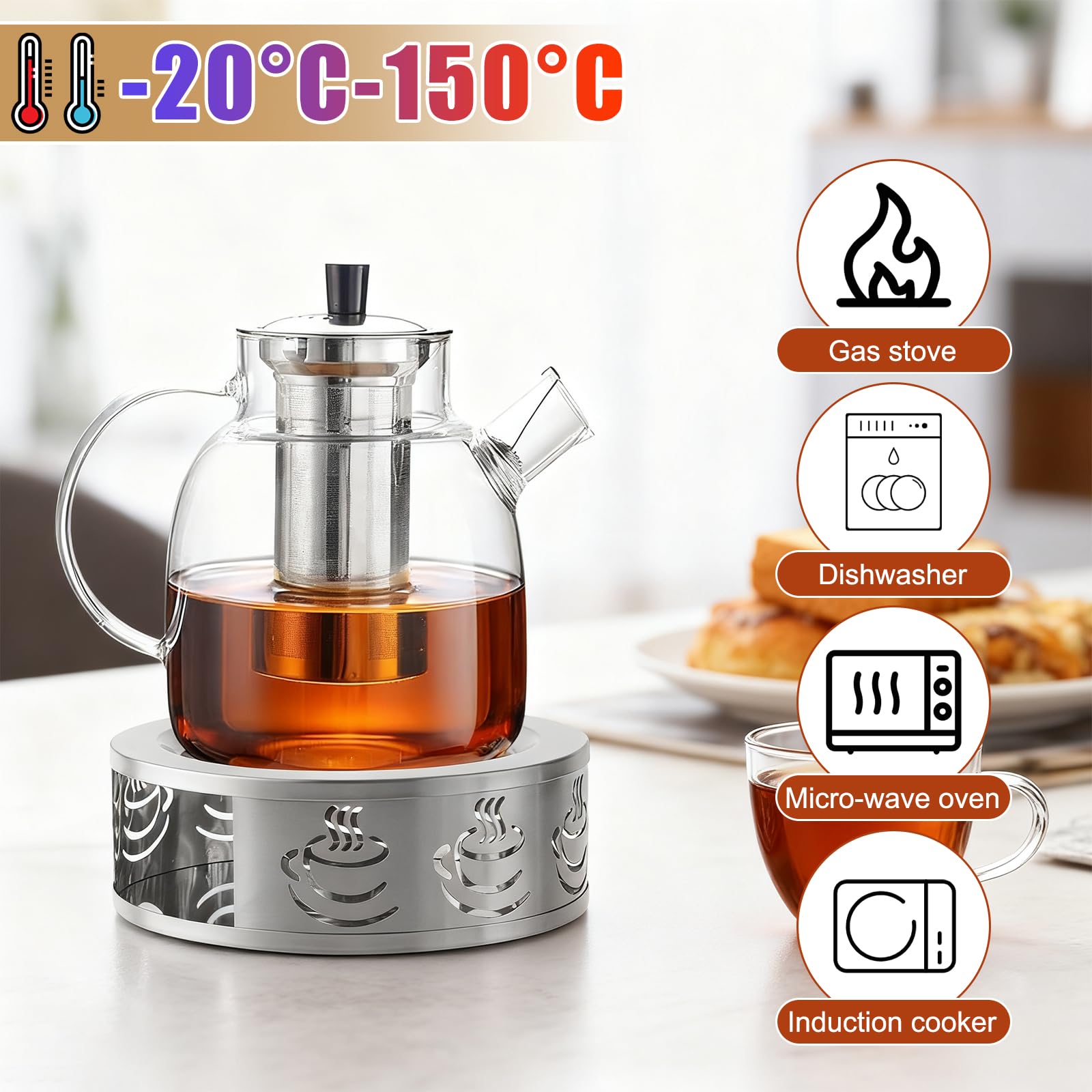 Teiera in vetro con fornello, 1800 ml, con coperchio e elegante fornello da tè, teiera con colino, per tè e bustine di tè sfusi