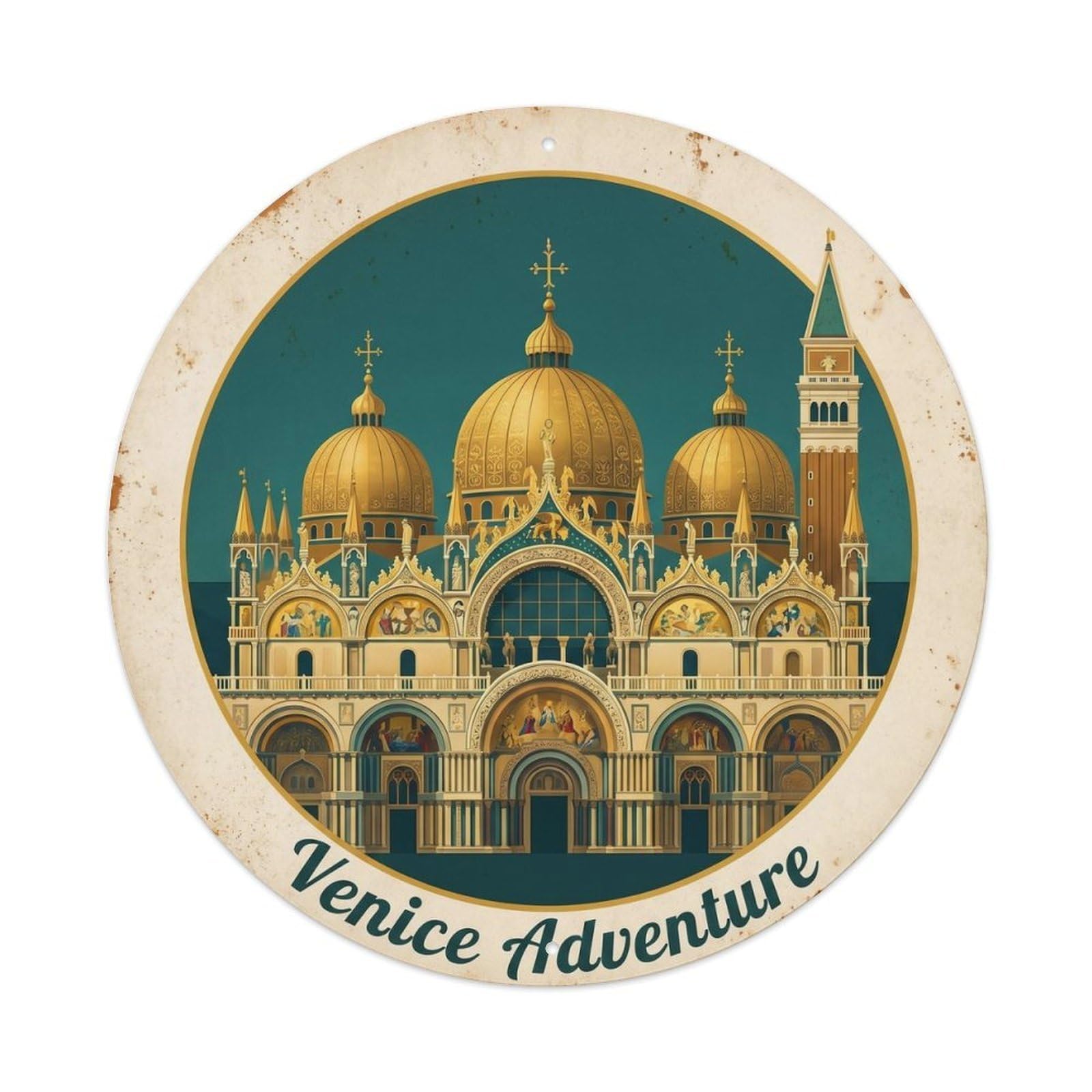 Venice Basilica Italy Classic Heritage Landmark Adventure Metal Tin Sign Plaque Wall Decor for Cafe, Man Cave, Club Bar, Office, Home Garden Round Metal Poster 8x8Inch